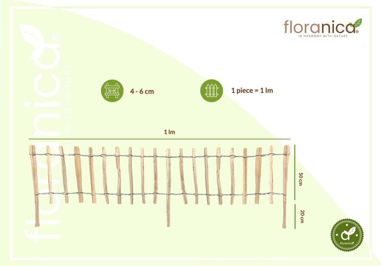 Pemicont Floranica Haselnussholz Rollzaun Imprägnierter Gartenzaun 2 Höhen Blumenbeet Palisade Tierschutz Barriere Lattenabstand: 4 6 cm Höhe: 50 cm hoch x lfm (Menge)