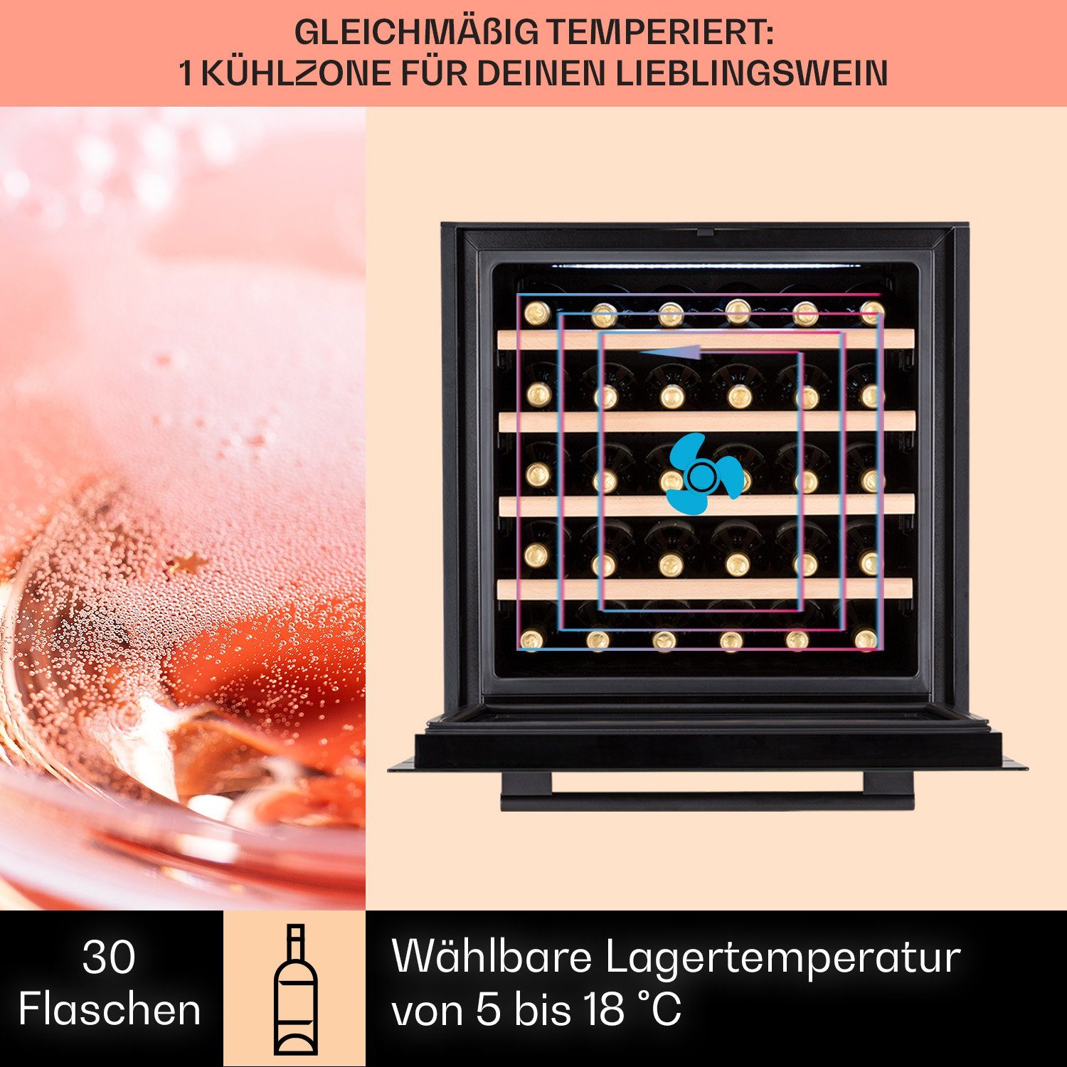Klarstein Weinkühlschrank Vinsider 30 Built-In Uno, für 30 Standardflaschen á 0,75l,Wein Flaschenkühlschrank Weintemperierschrank Weinschrank Kühlschrank