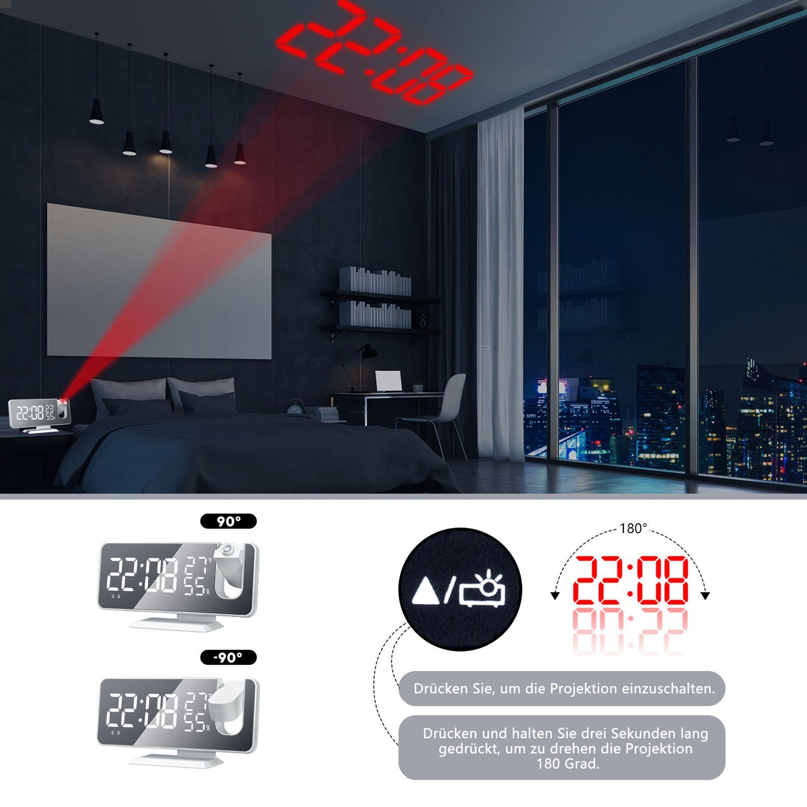 REDOM Projektionswecker Digital Wecker Radiowecker Digitalwecker Projektion LED Alarm Radio ohne Akku Projektion 180 ° Dual-Alarm Temperatur 12/24H USB-Anschluss