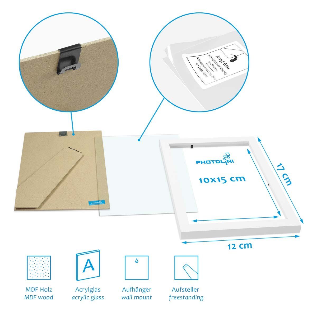 PHOTOLINI Bilderrahmen 3er Set, stabiles MDF-Holz, mit Acrylglas, extra Zubehör