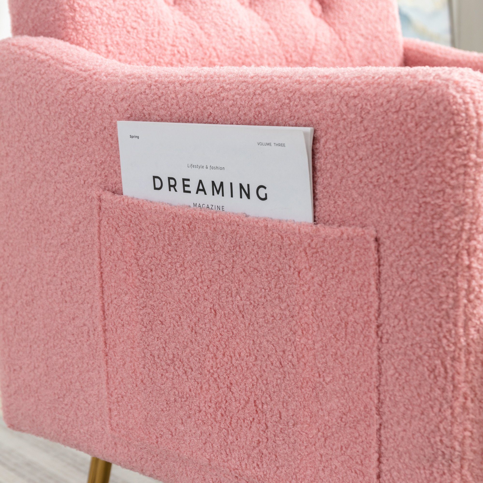 OKWISH Sessel Relaxsessel, Relaxstuhl, goldene Metallbeine, Teddy-Samt-Stuhl (Wohnzimmerstuhl, bequemer Sessel, geeignet zum Lesen oder Entspannen, Wohnzimmerstuhl, bequemer Sessel), mit Reißverschluss-Design