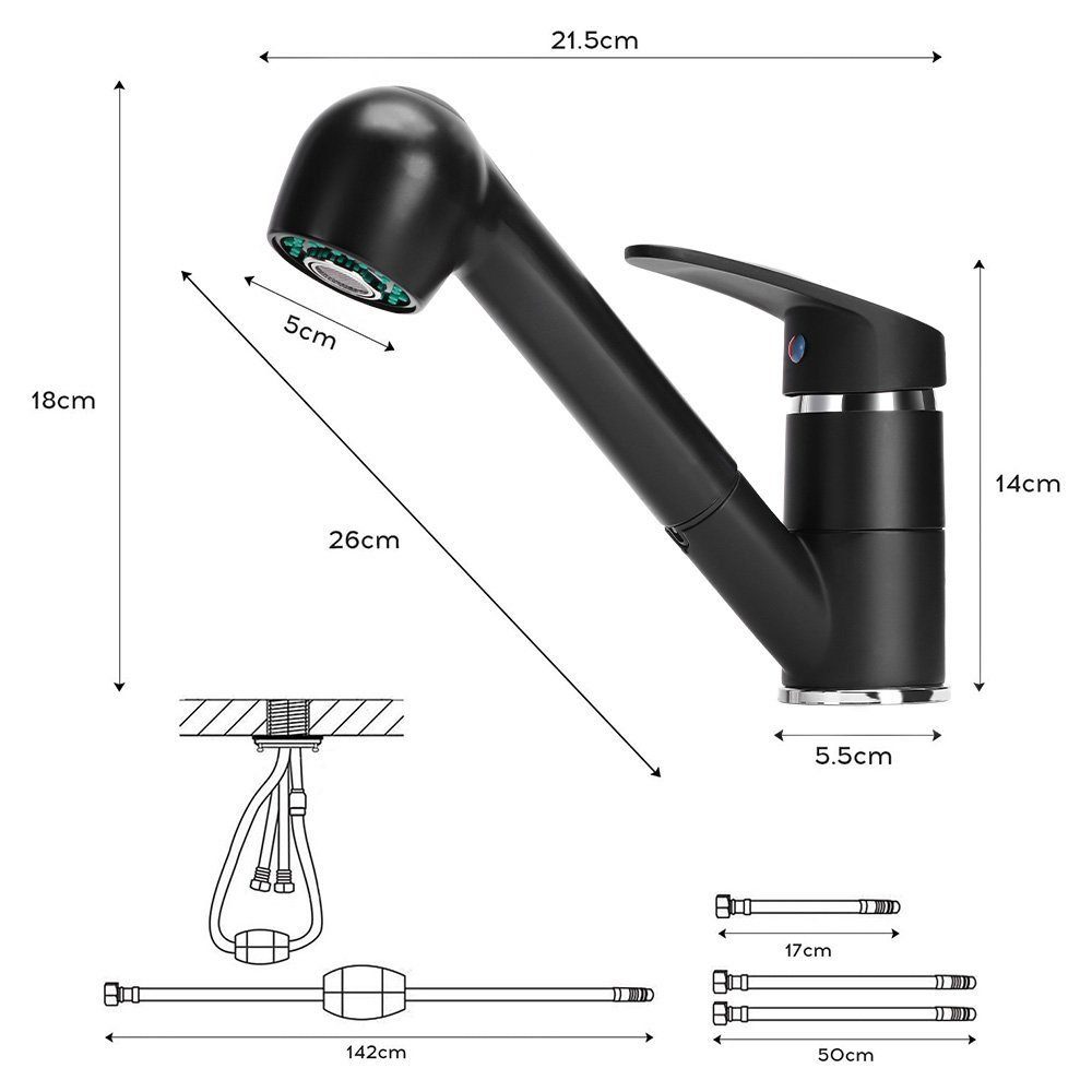 XERSEK Waschtischarmatur Waschtisch Armatur Wasserhahn Bad WC Küchenarmatur Spültischarmatur (360 ° Drehbare,2 Strahlarten,mit Herausziehbarer) Mit Ausziehbrause