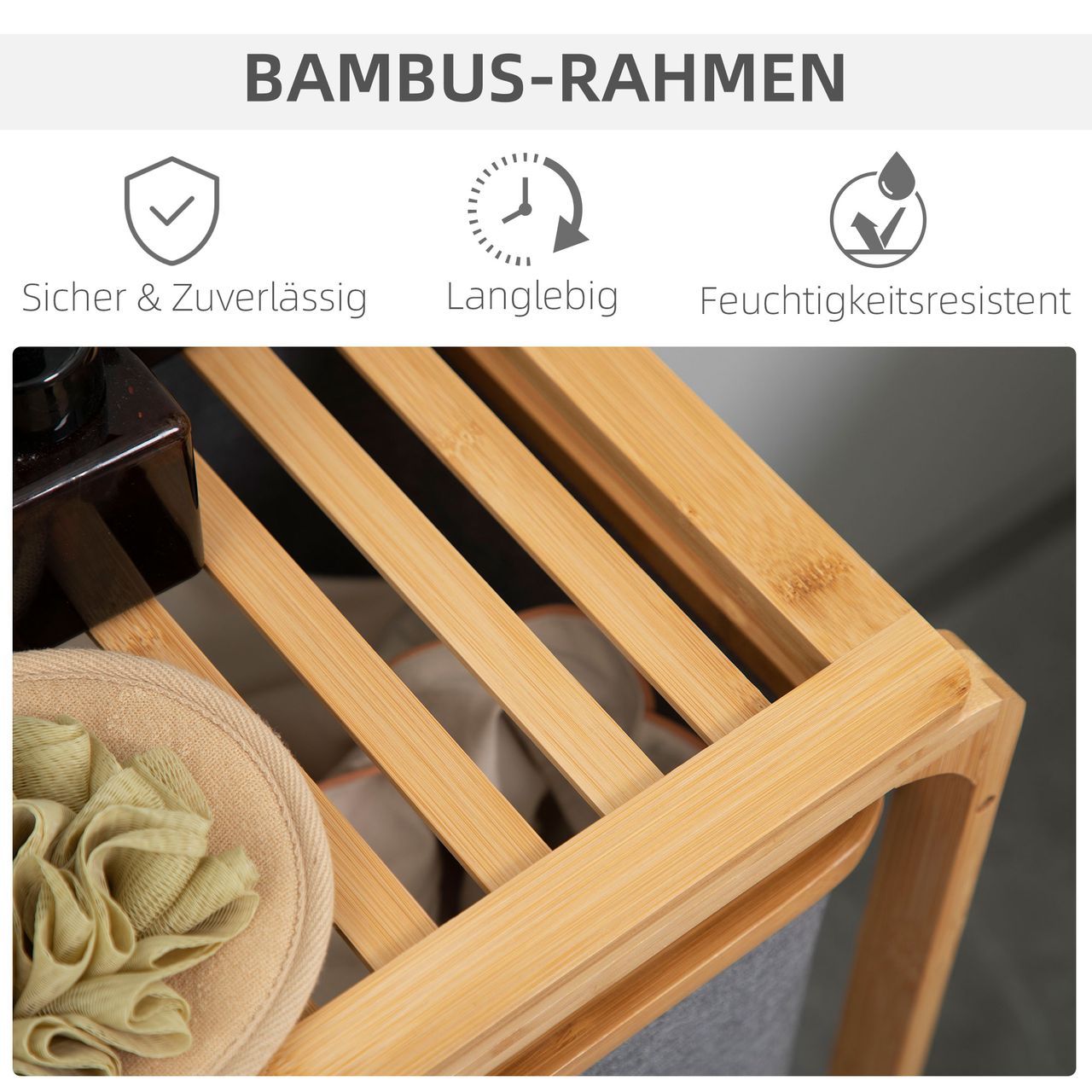 HOMCOM Wäschekorb Wäschebox mit Plattform Wäschesammler mit 3 abnehmbaren Wäschesacke Wäschesortierer für Schlafzimmer Badezimmer Bambus Grau Natur 50 x 32 x 69,7 cm