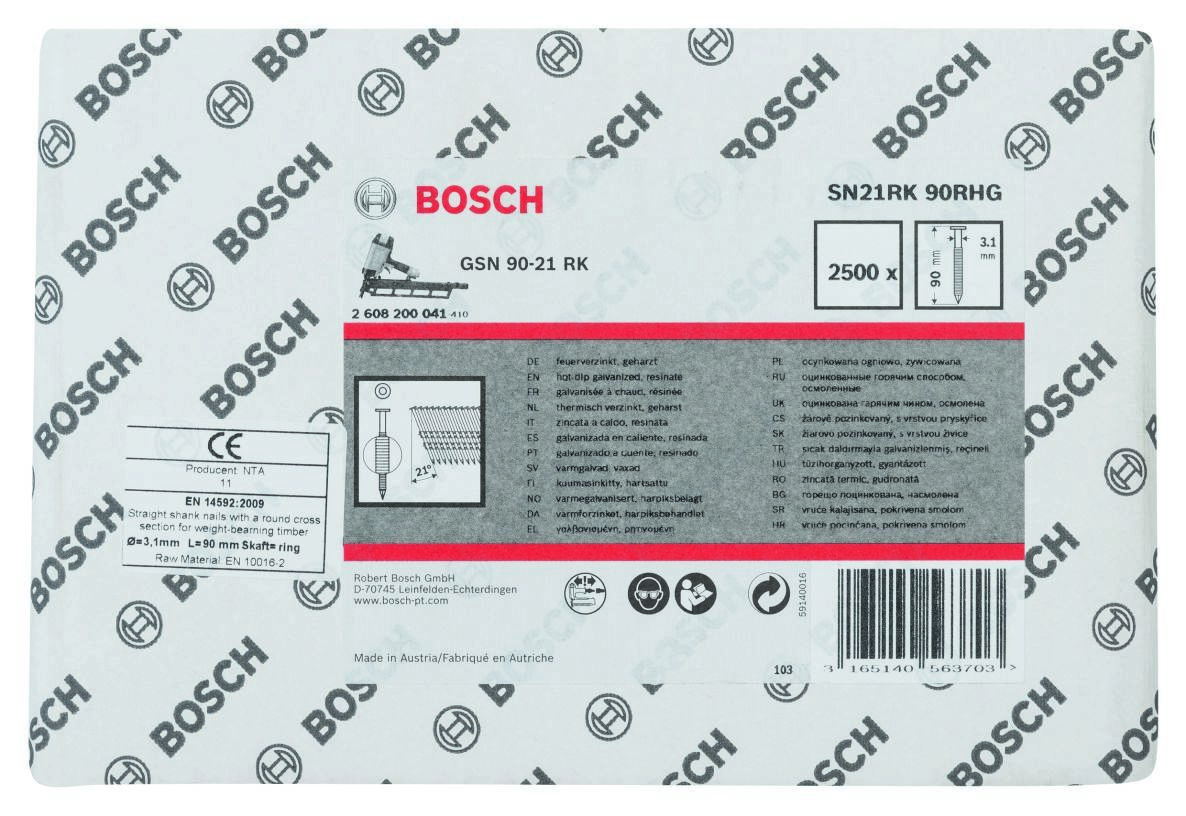 Bosch Blue Accessories 2608200041 SN21RK 90RG Strip Nail 21° Hot-dip Galvanized Ring 90 mm 2500 pieces