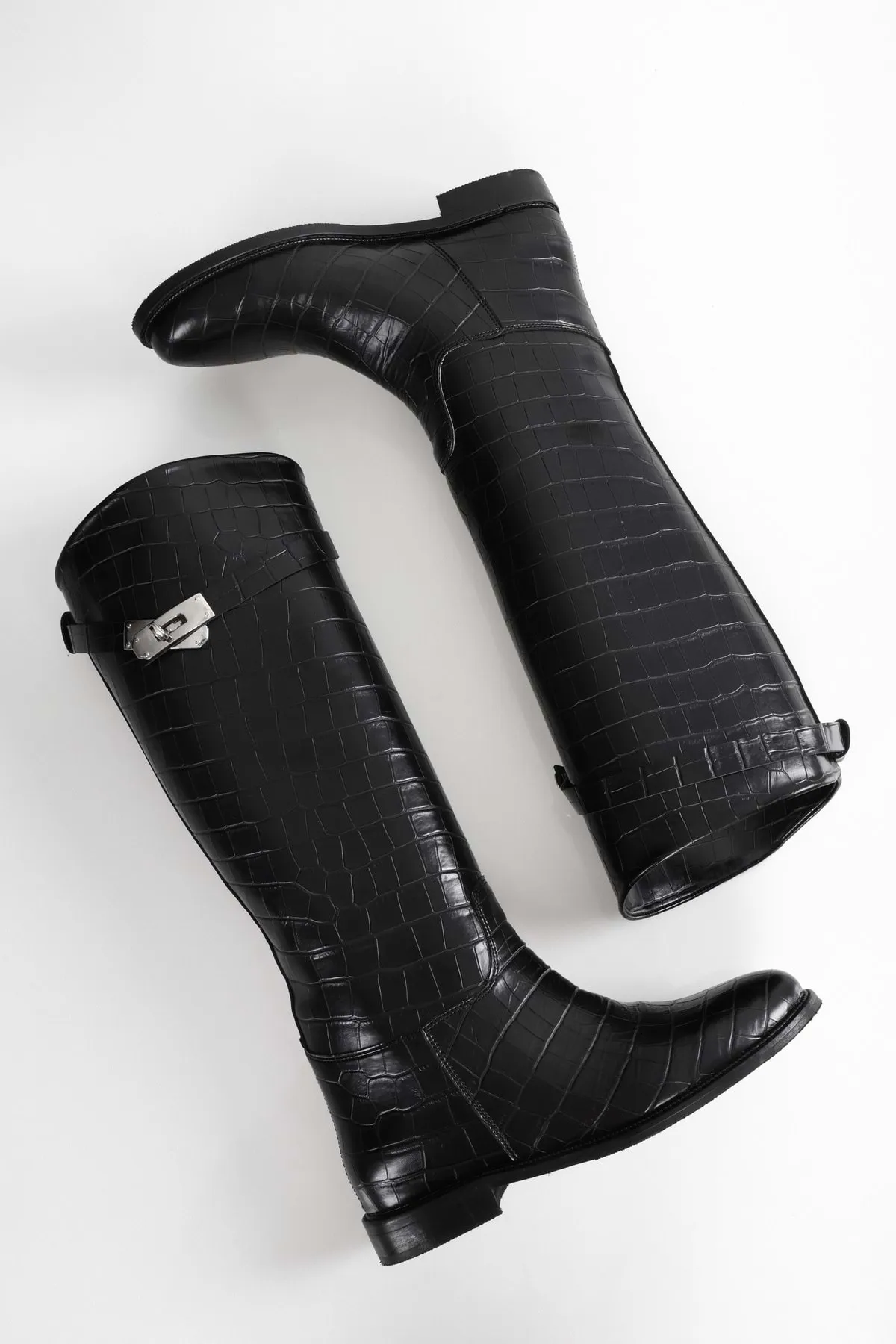 Shoeberry  Damen Matia Black Crocodile Rider Lange Stiefel