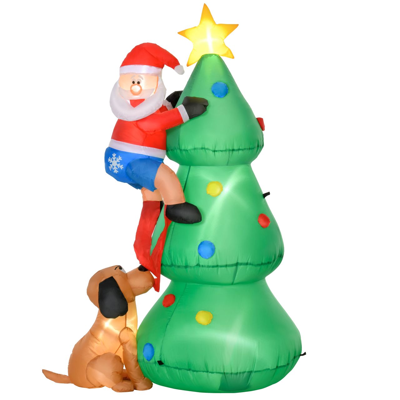 HOMCOM Aufblasbarer Weihnachtsbaum mit Weihnachtsmann und dem Hund 180 cm Weihnachtsdeko Weihnachtsbeleuchtung LED Selbstaufblasend Polyester Grün 123 x 85 x 180 cm