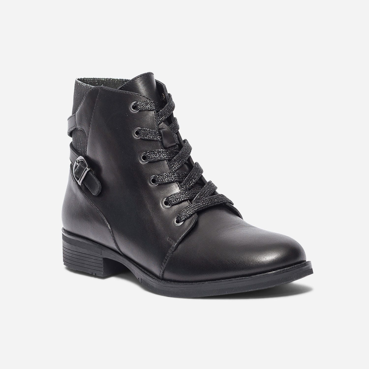 Bottine noire en cuir à élastique et lacet pailletés