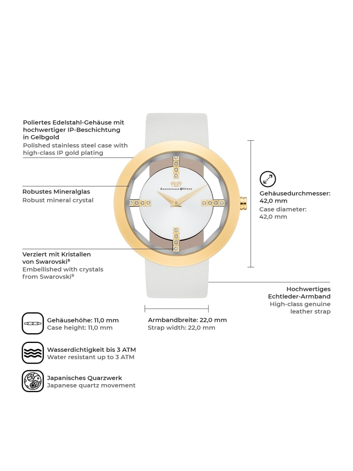 Rhodenwald & Söhne Damen Quarzuhr gelbgold Echtleder creme-weiß in creme-weiß günstig kaufen 18 cm