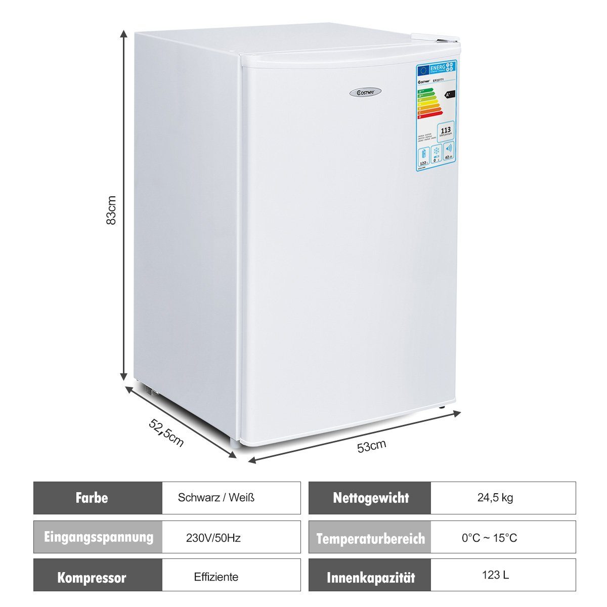 COSTWAY Kühlschrank FP10064DE/KS-123R, 84 cm hoch, 52 cm breit, 123 L