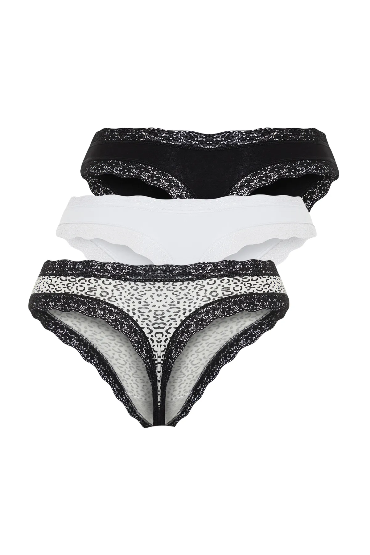 Trendyol Collection  Schwarz-Mehrfarbiges 3er-Pack Tanga-Strickhöschen aus Baumwollspitze mit detaillierten Details THMSS24KU00003