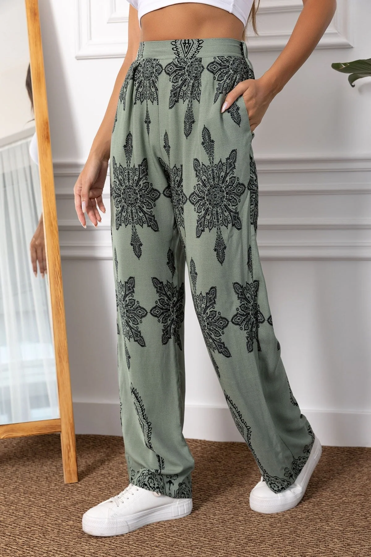 armonika  Grüne gemusterte Palazzo-Hose mit weitem Bein für Damen - Arm-23y001124
