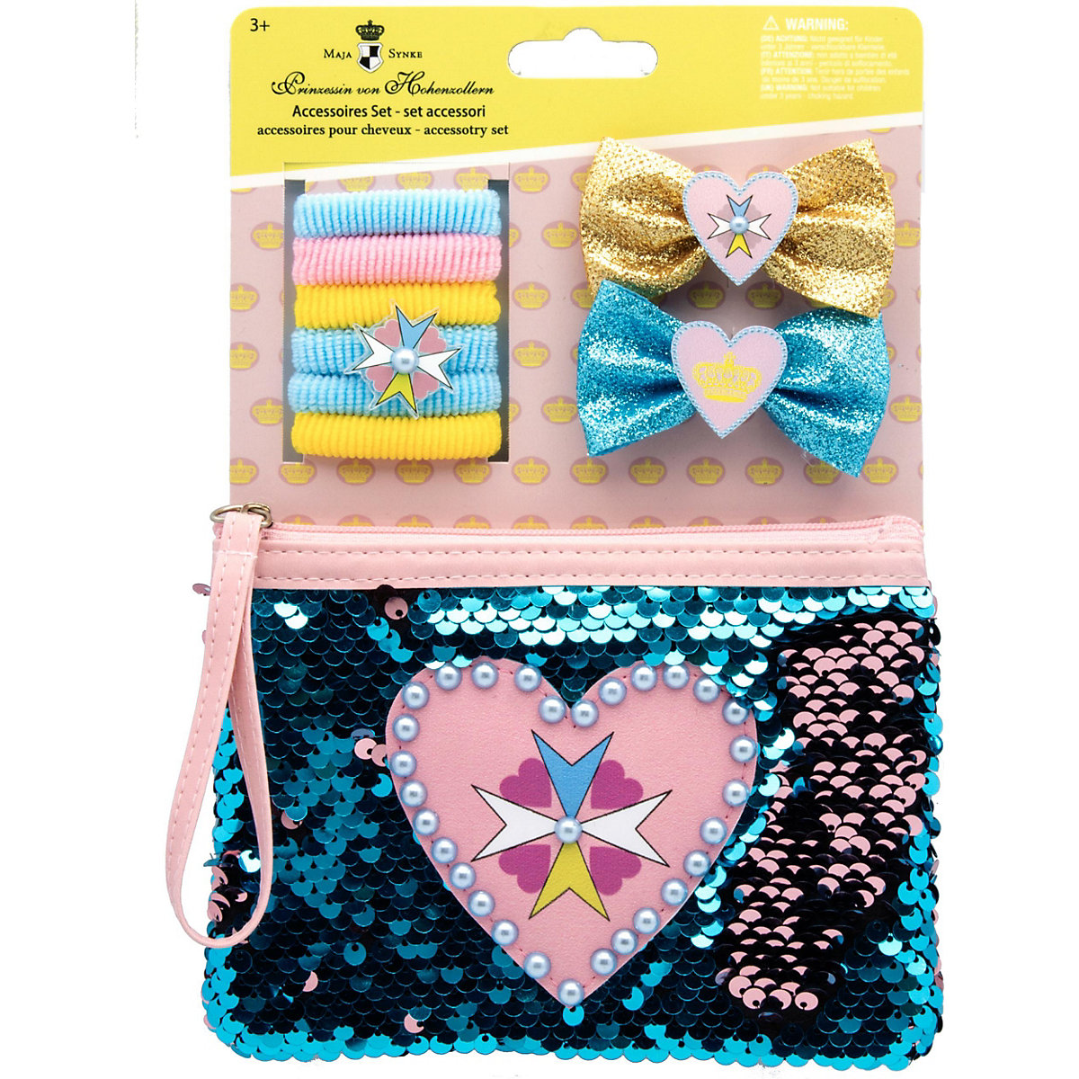 "Prinzessin Maja von Hohenzollern" Set mit 6 Zöpfchenhaltern, 2 Haarspangen mit Glitzermasche und magischem Pailletten-Beautytäschchen auf Backercard 14,5x2x21 cm