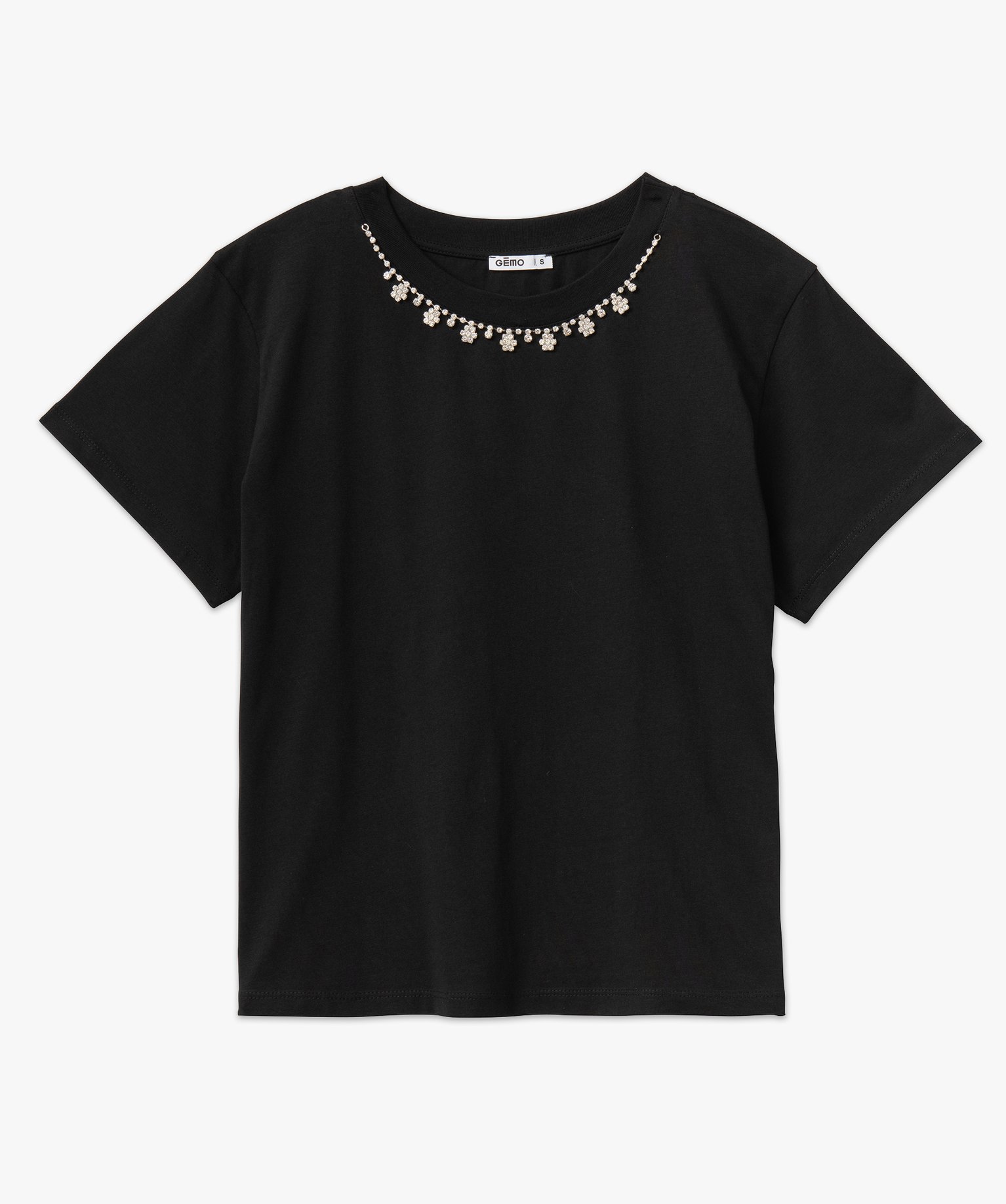 Tee-shirt droit à manches courtes et strass femme noir | GEMO