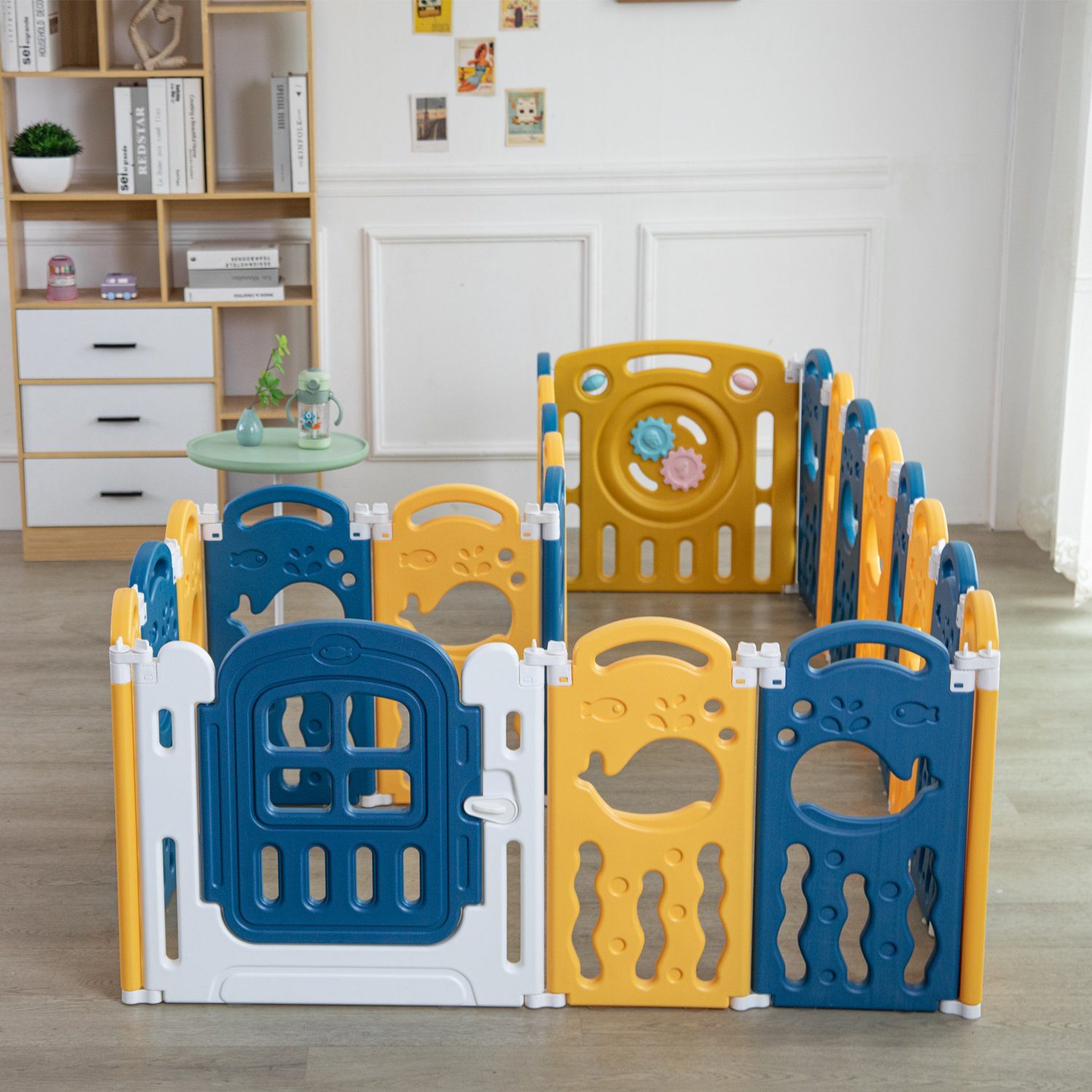 IKIDO Laufgitter Laufstall Baby Laufgitter (faltbar Absperrgitter mit Rutschfester Basis Krabbelgitter mit Tür), Spielplatz, mit Schloss, HDPE Material, freie Kombination