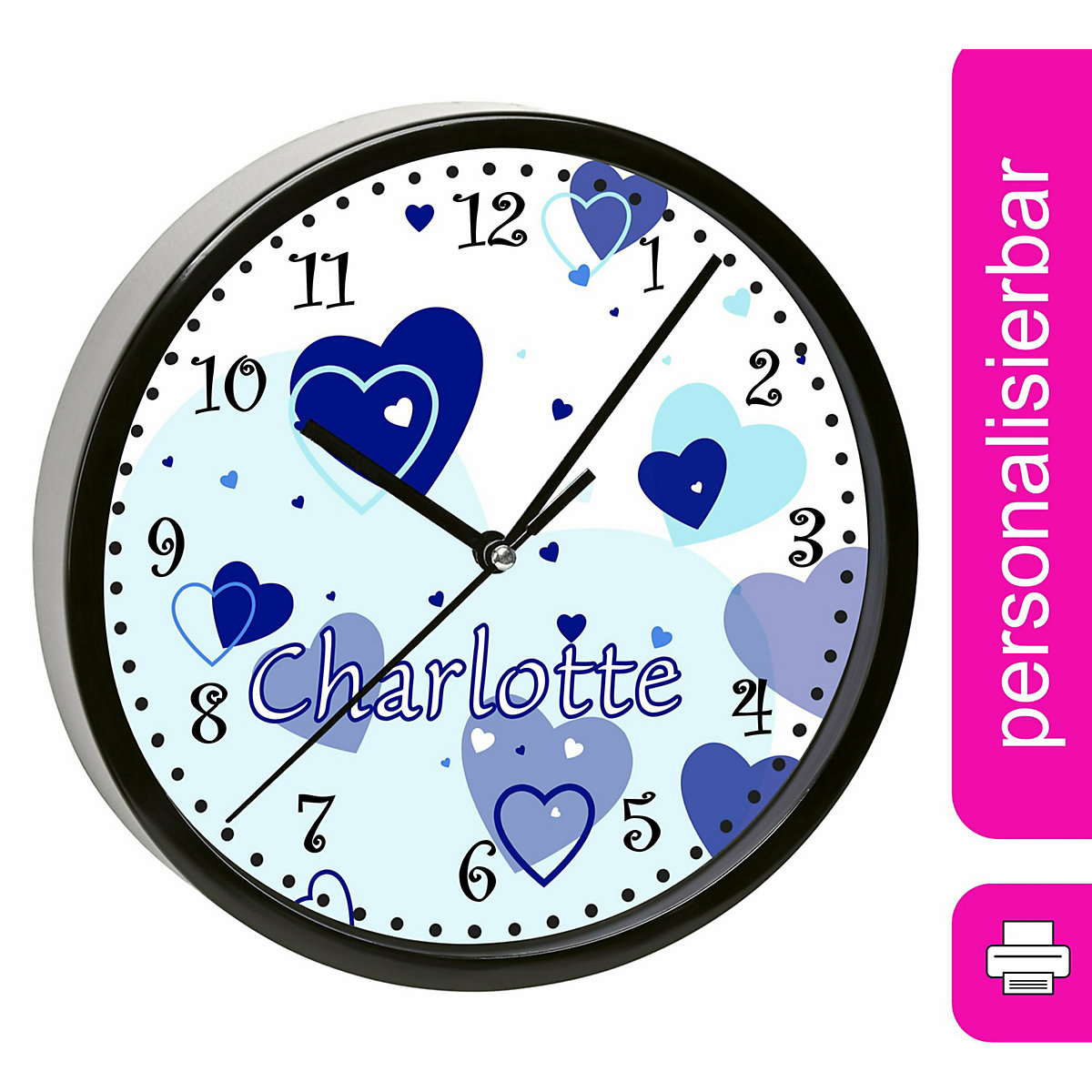 Kinder Wanduhr personalisiert mit Name Herz Blau