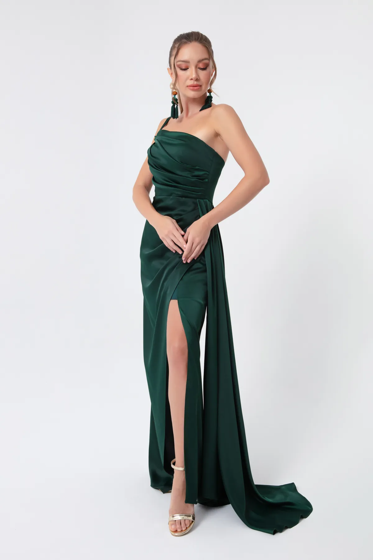 Lafaba  Smaragdgrünes One-Shoulder-Satin-Abend- und Abschlusskleid für Damen