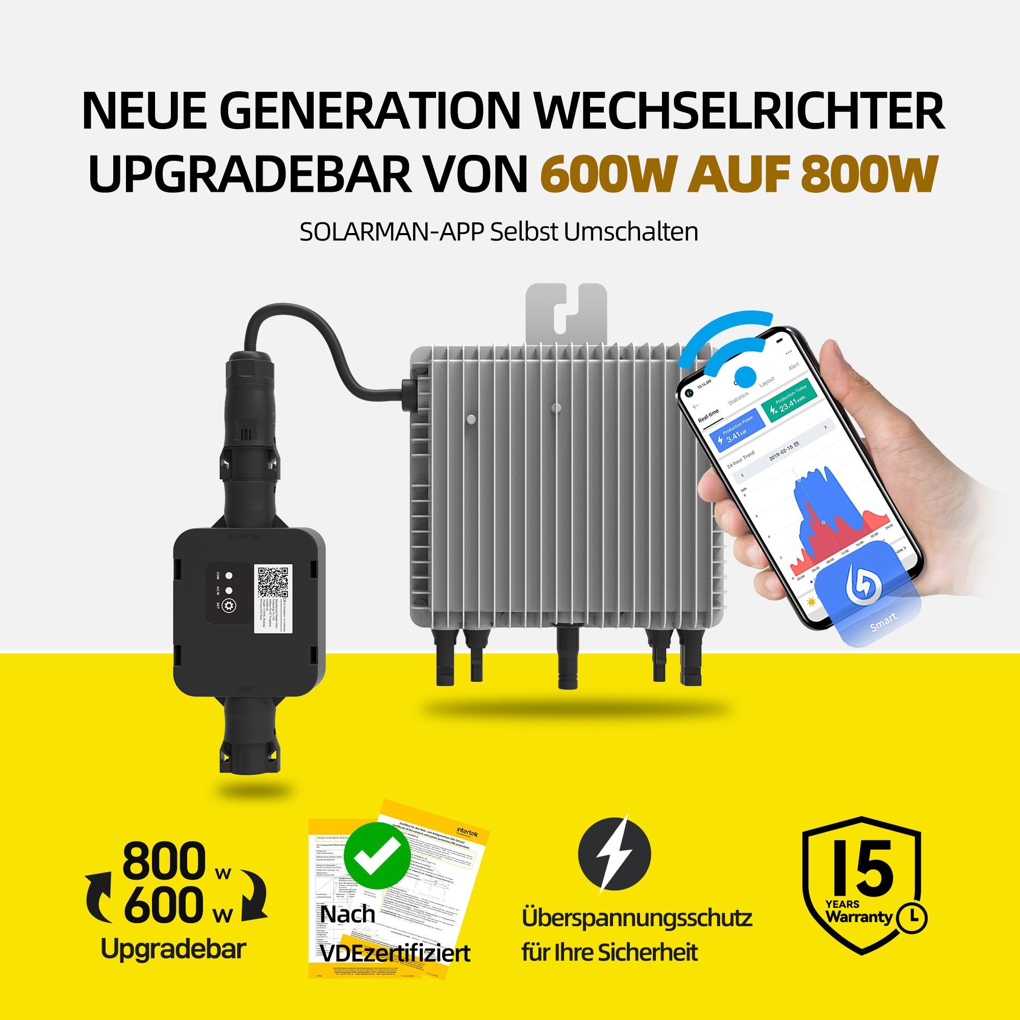 E.For.U Solarmodul Balkonkraftwerk 820W, 800W Komplett Steckdose, 800,00 W, Monokristallin, (mit 2x 410W Solarmodule, Wechselrichter Deye 800W mit Wifi-App, 600W/800W einstellbar), 0% MwSt