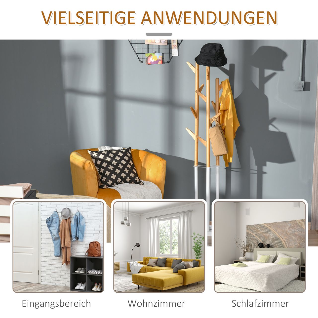 HOMCOM Garderobenständer Standgarderobe Kleiderständer mit 12 Haken moderner Schirmständer für den Flur Wohnzimmer Metall Bambus Natur Weiß 30,5 x 30,5 x 174,5 cm