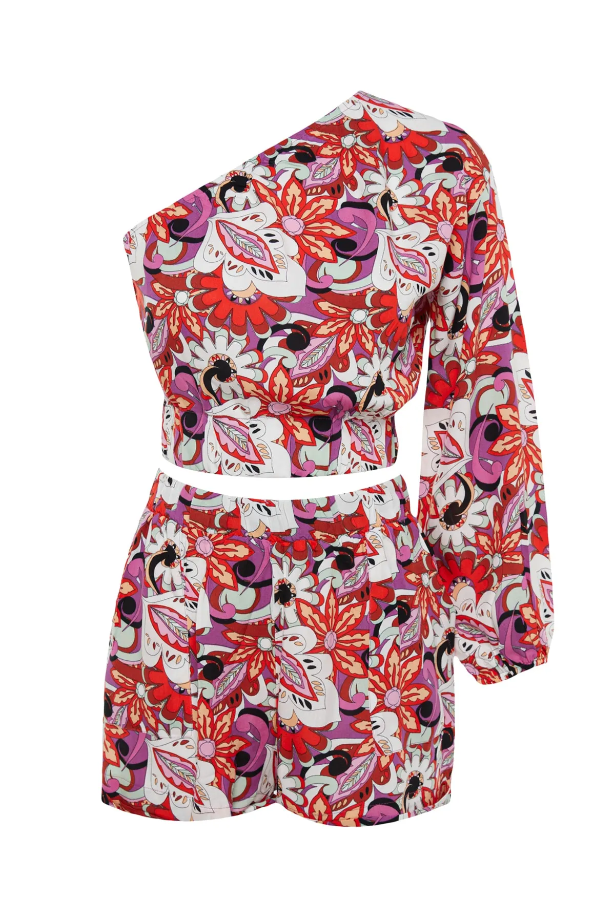 Trendyol Collection  Gewebtes One-Shoulder-Bluse-Shorts-Set mit Blumendruck TBESS21AU0077