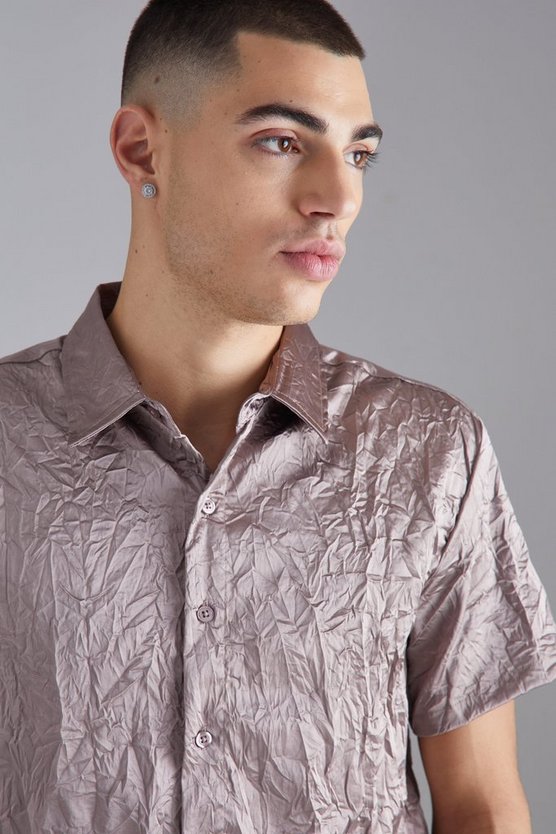 Kurzärmliges Satin-Hemd in Knitteroptik