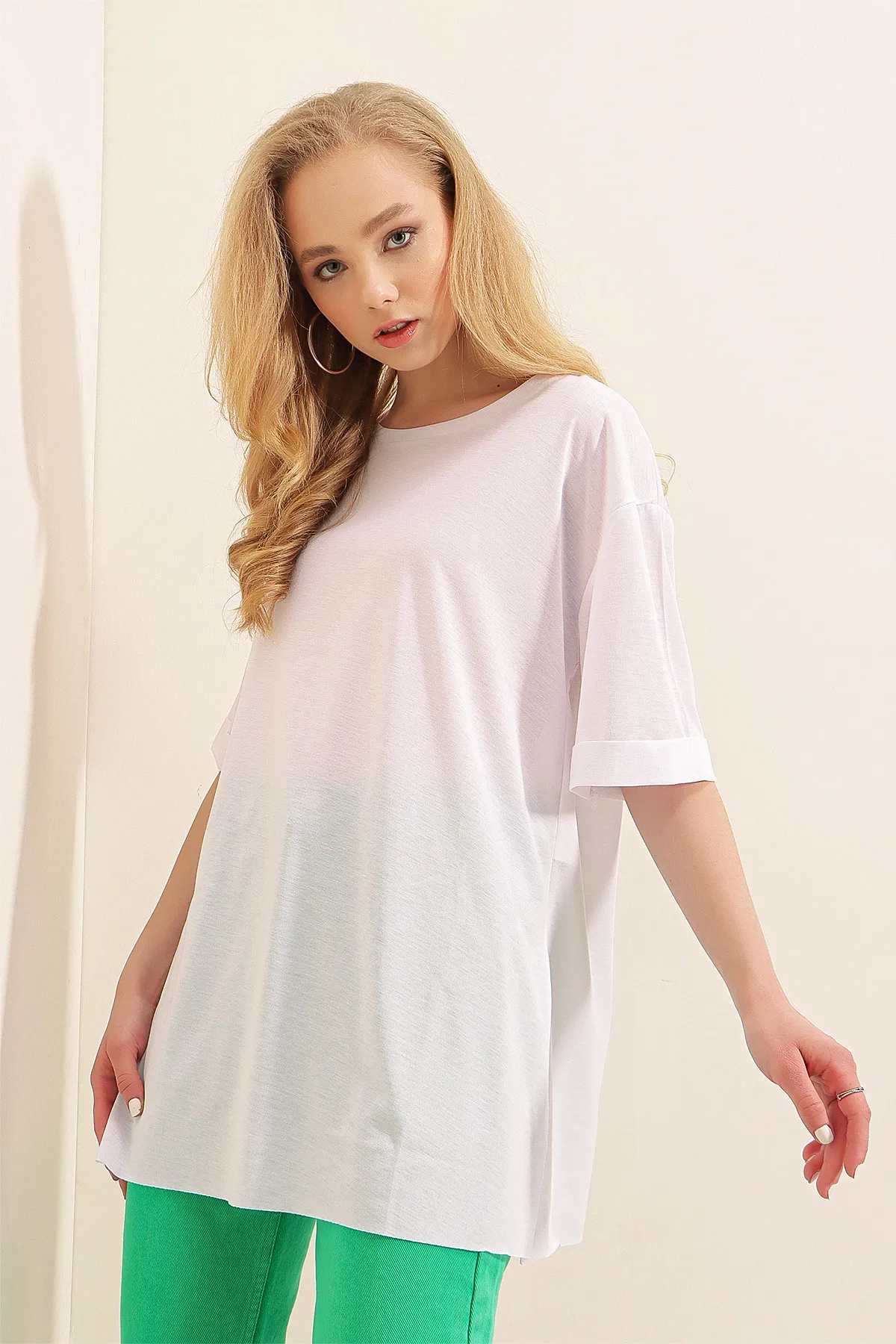 Bigdart  4123 Geschlitztes Oversize-T-Shirt – Weiß
