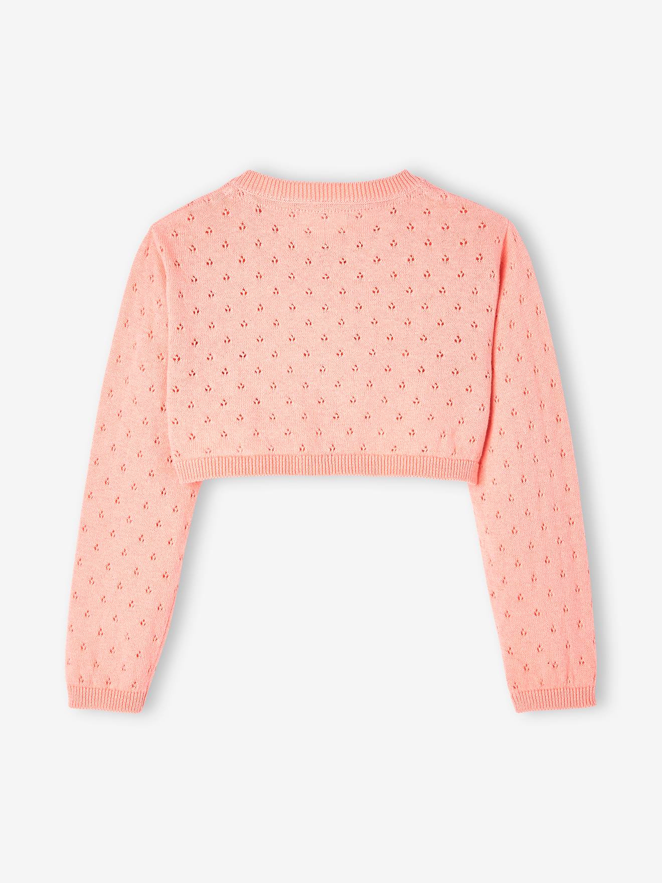 Gilet boléro en maille pointelle fille corail