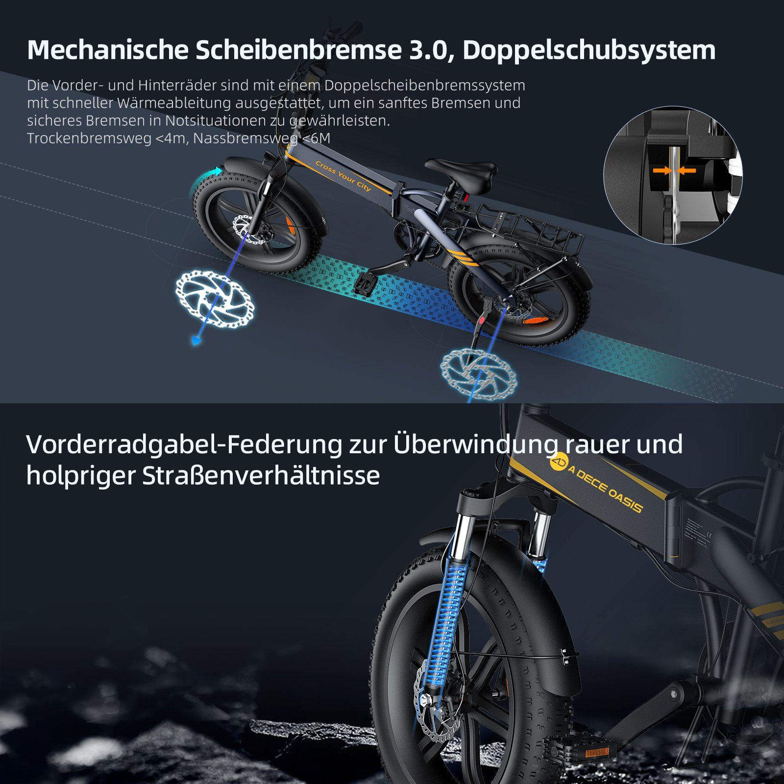 ADO E-Bike Klapprad Pedelec E-Bike 20X4.0 Fetter Reifen, Gepäckträger, 7 Gang, Kugelschaltung, ebike Damen/Herren, Lampe, +Fingerprint-Schloss/Helm