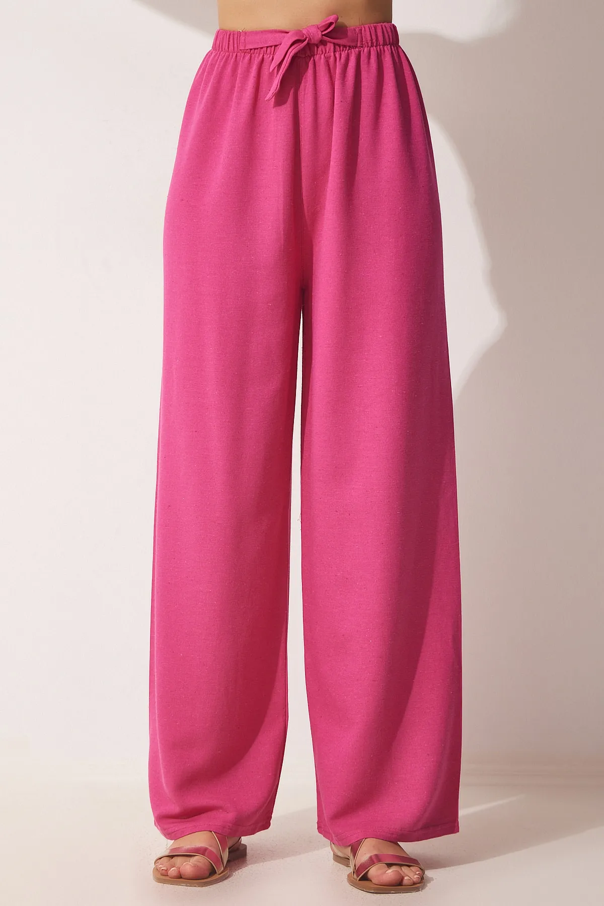 Happiness İstanbul  Dunkelrosa lockere Leinenhose für Damen BH00403
