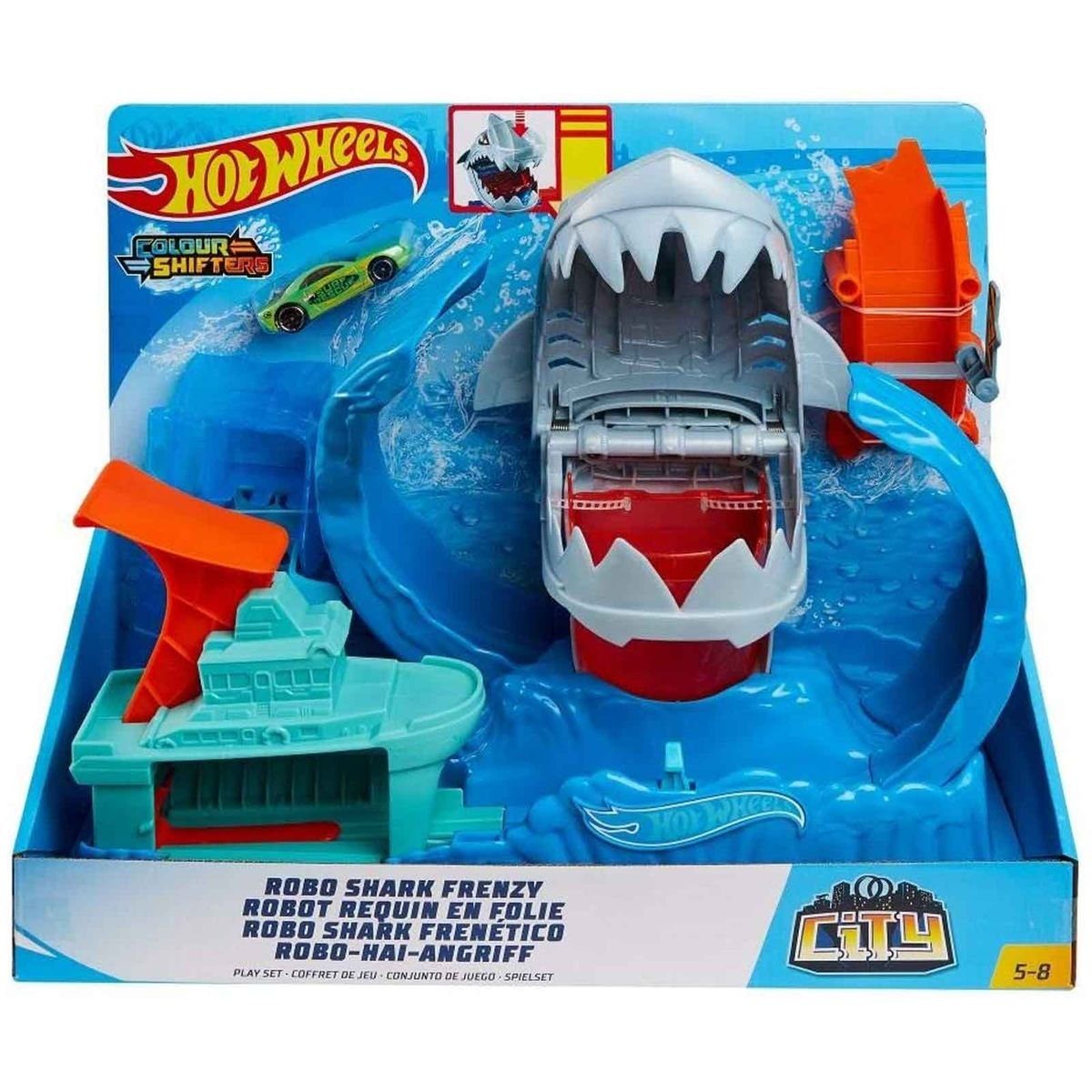 Mattel® Spielzeug-Auto Mattel GJL12 - Hot Wheels - City - Robo-Hai-Angriff Rennbahn inkl. 1 F