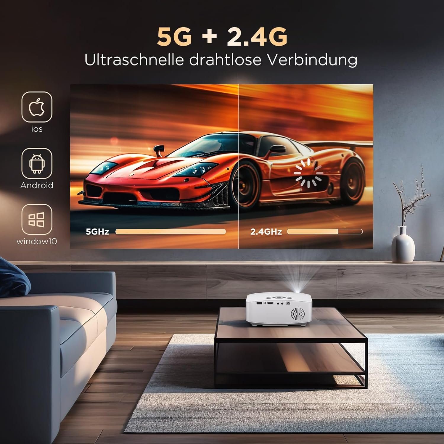 Vigpil Full HD Unterstützt, 5G WiFi Bluetooth Video Beamer Heimkin Portabler Projektor (11000 lm, 10.000:1, 1080P px, Portable Beame Kompatibel mit Smartphone HDMI USB Laptop Firestick AV)