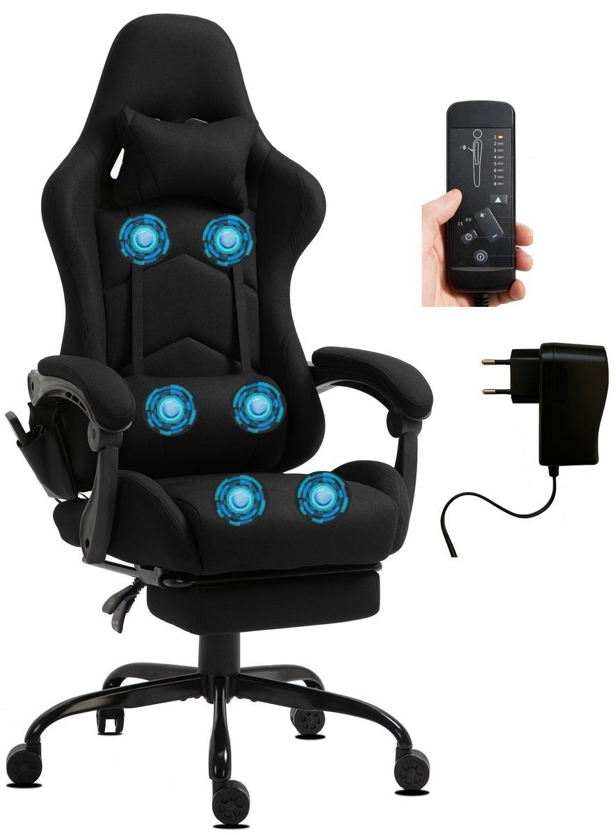 Delman Gaming-Stuhl Bürostuhl Chefsessel Massagefunktion mit 6 Vibrationspunkten Stoff, Drehstuhl, dicke Polsterung, Metallfußkreuz, Fußstütze 02-0036
