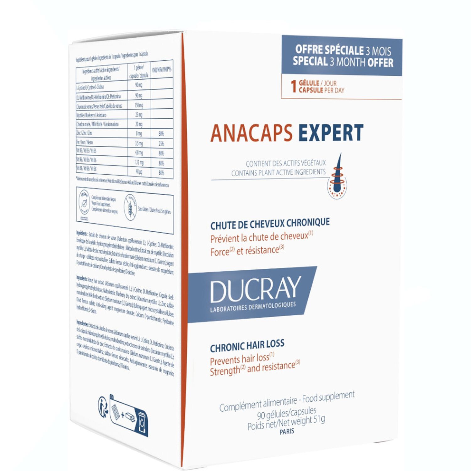 Ducray Anacaps Expert Complément Alimentaire - Chute de Cheveux Chronique 30 Gélules