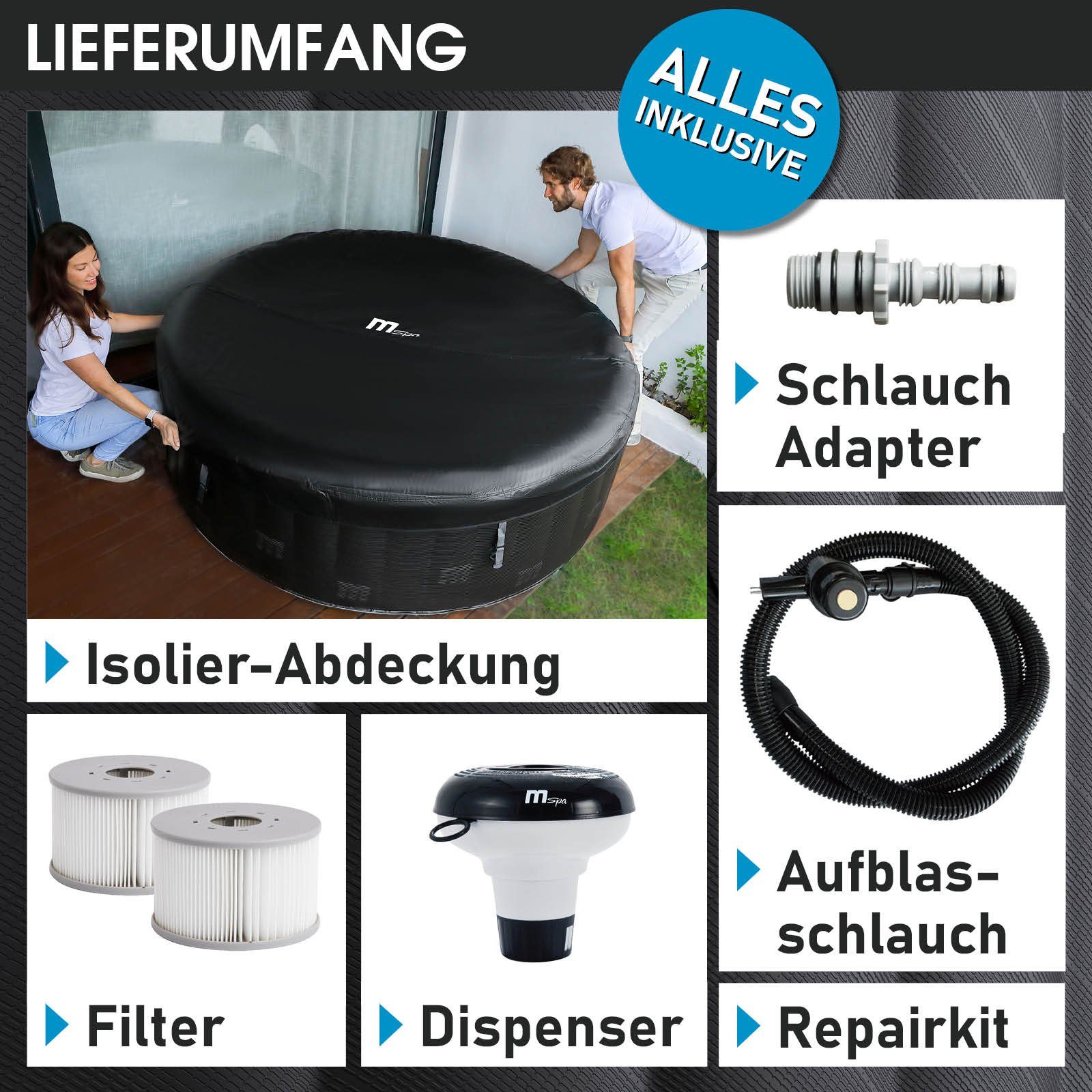 BRAST Whirlpool aufblasbar MSpa Starry mit LED-Beleuchtung für 6 Personen Ø204x70cm, (In- Outdoor Pool 138 Massagedüsen Energiespar-Timer Heizung), Aufblasfunktion per Knopfdruck Bubble Wellness Massage
