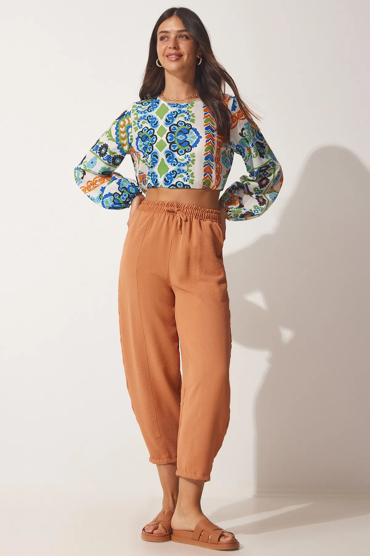 Happiness İstanbul  Damen-Shalwar-Hose aus leicht gefliestem Leinen CI00036