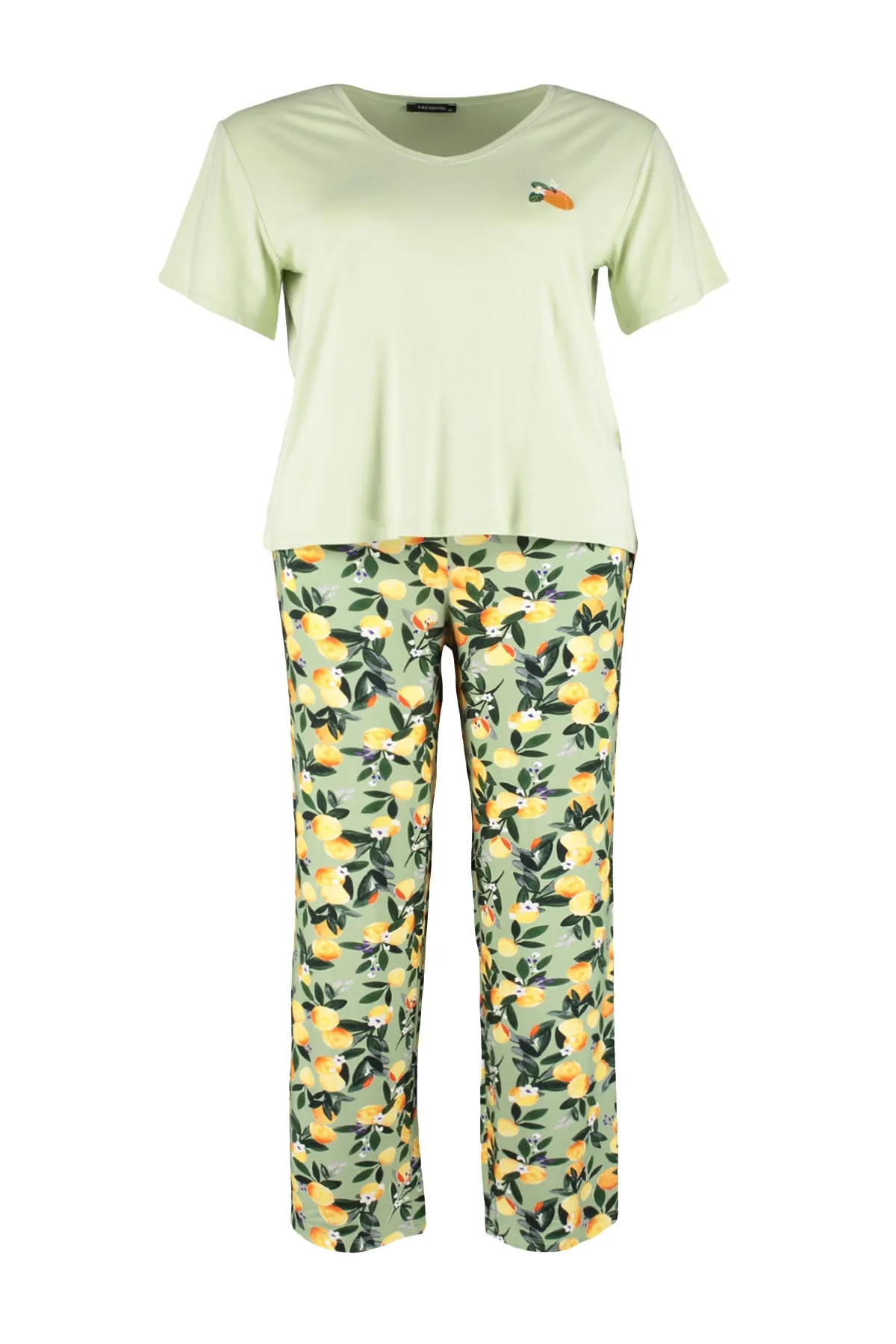 Trendyol Curve  Mintgrünes bedrucktes Pyjama-Set aus Strick TBBSS23AI00005