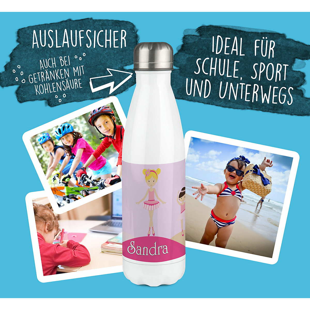 Edelstahl Kinder Thermoflasche / Trinkflasche bunt Balerina Spülmaschinenfest, Auslaufsicher, Bruchfest, Doppelwandig, Für Heißgetränke geeignet, Mit Deckel, Isoliert
