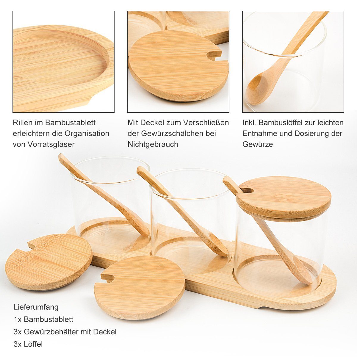 7Magic Gewürzbehälter 250ml/300ml Vorratsdosen, Vorratsglas, mit Bambusdeckel und Holzlöffel 3er Set Vorratsgläser