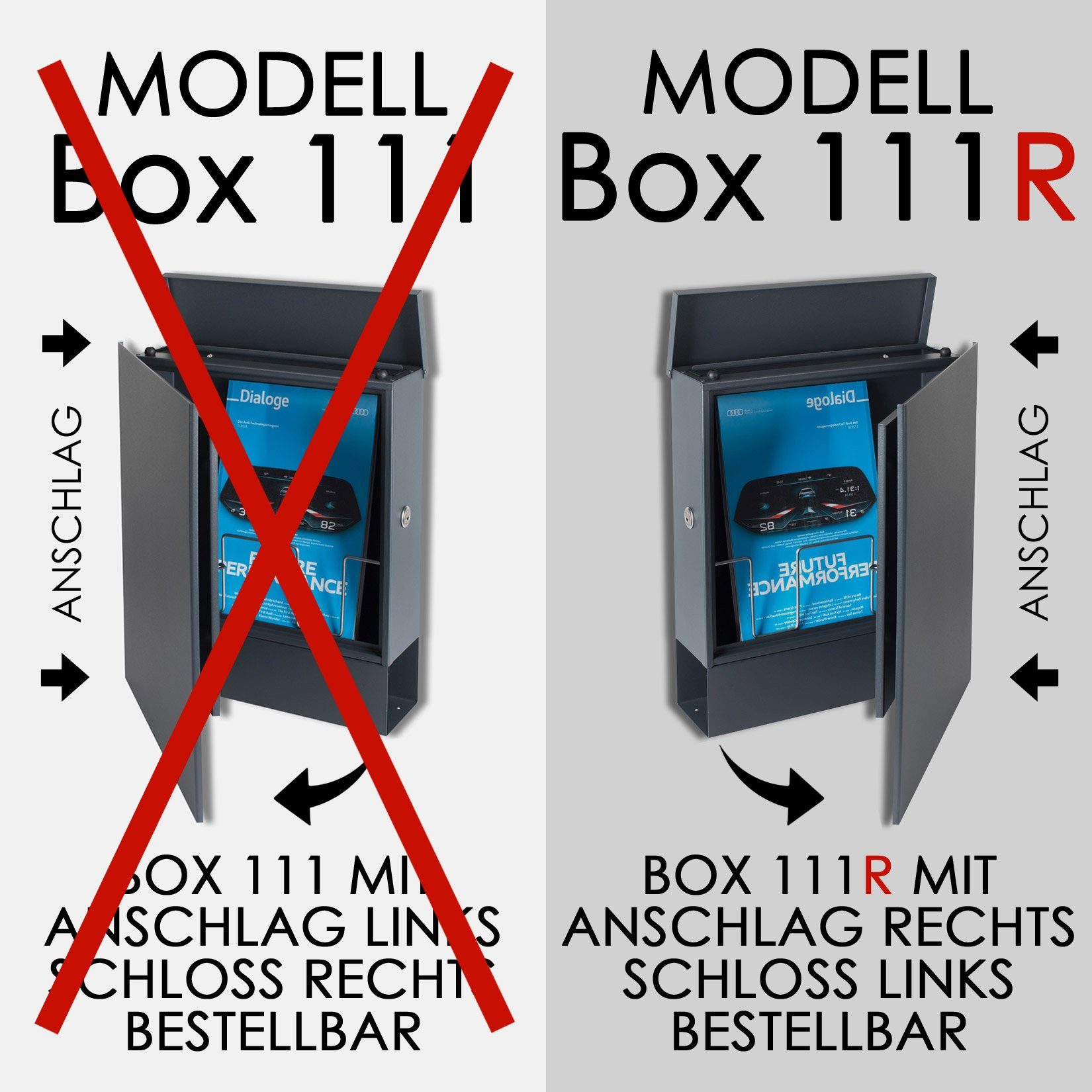 MOCAVI Briefkasten MOCAVI Box 111R Design-Briefkasten mit Zeitungsfach anthrazit-grau (RAL 7016), integriert; passender Verschluss (zusätzlich bestellbar) für Wetterseite, beidseitig nutzbar: Box Vers 1 7016, Box Vers 1 VA