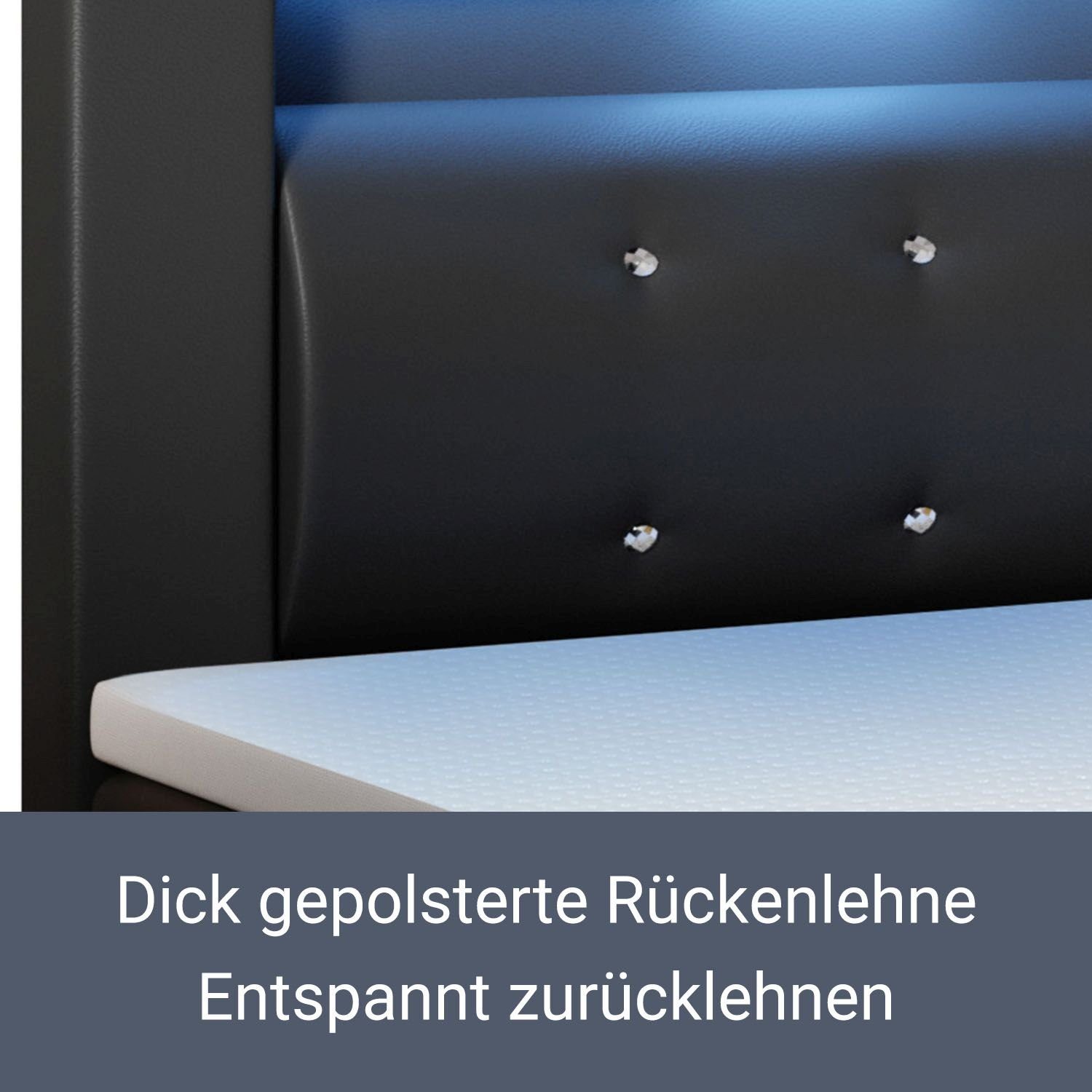 Juskys Boxspringbett Montana, 120x200 cm, Einzelbett mit Topper, Kopfteil und LED-Beleuchtung