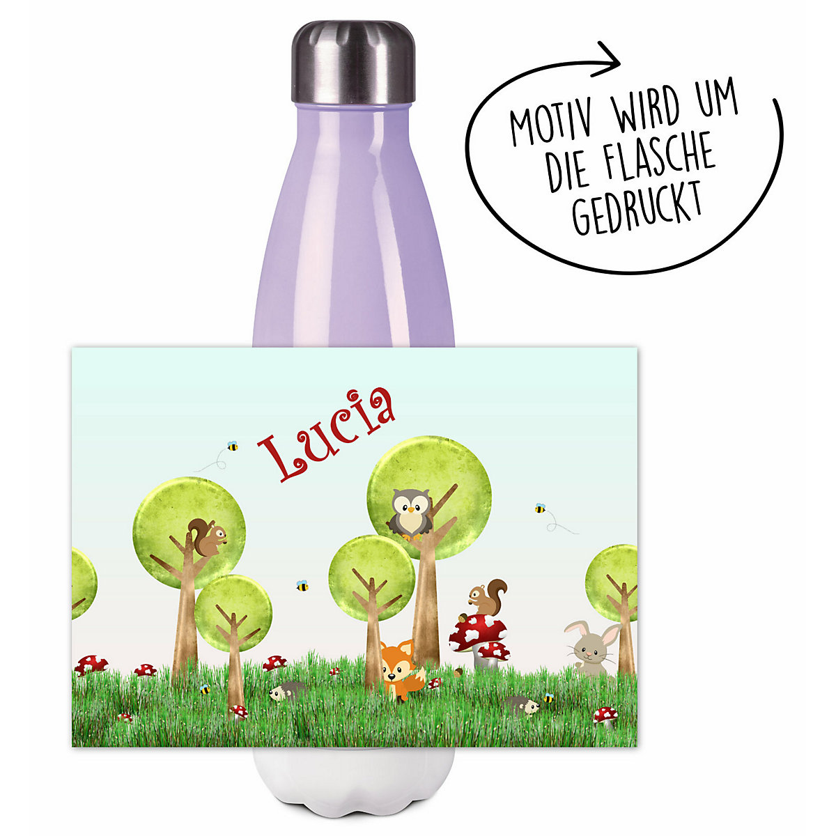 Edelstahl Kinder Thermoflasche / Trinkflasche bunt Waldwiese Spülmaschinenfest, Auslaufsicher, Bruchfest, Doppelwandig, Für Heißgetränke geeignet, Mit Deckel, Isoliert