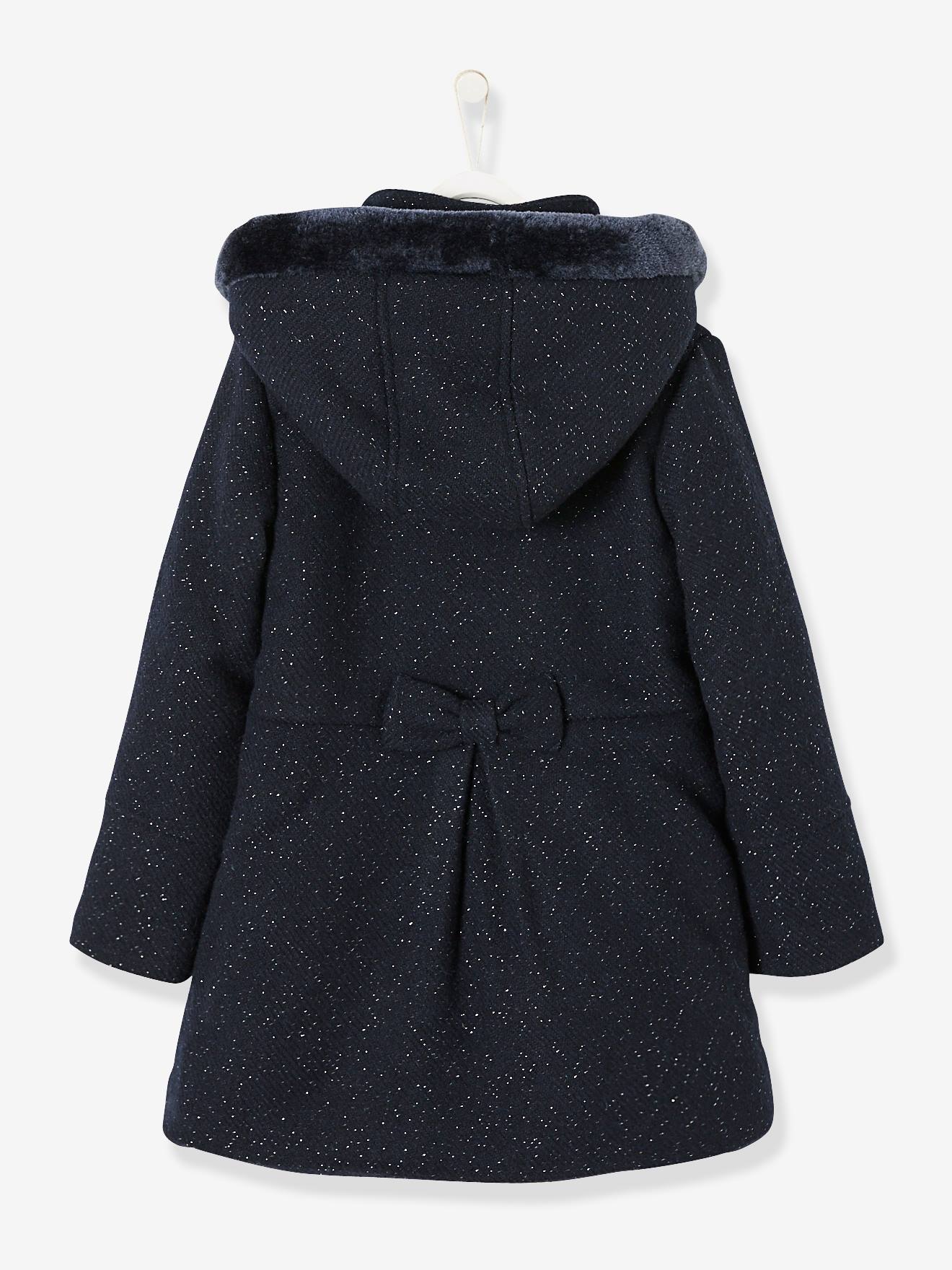 Manteau à capuche en drap de laine fille marine grisé