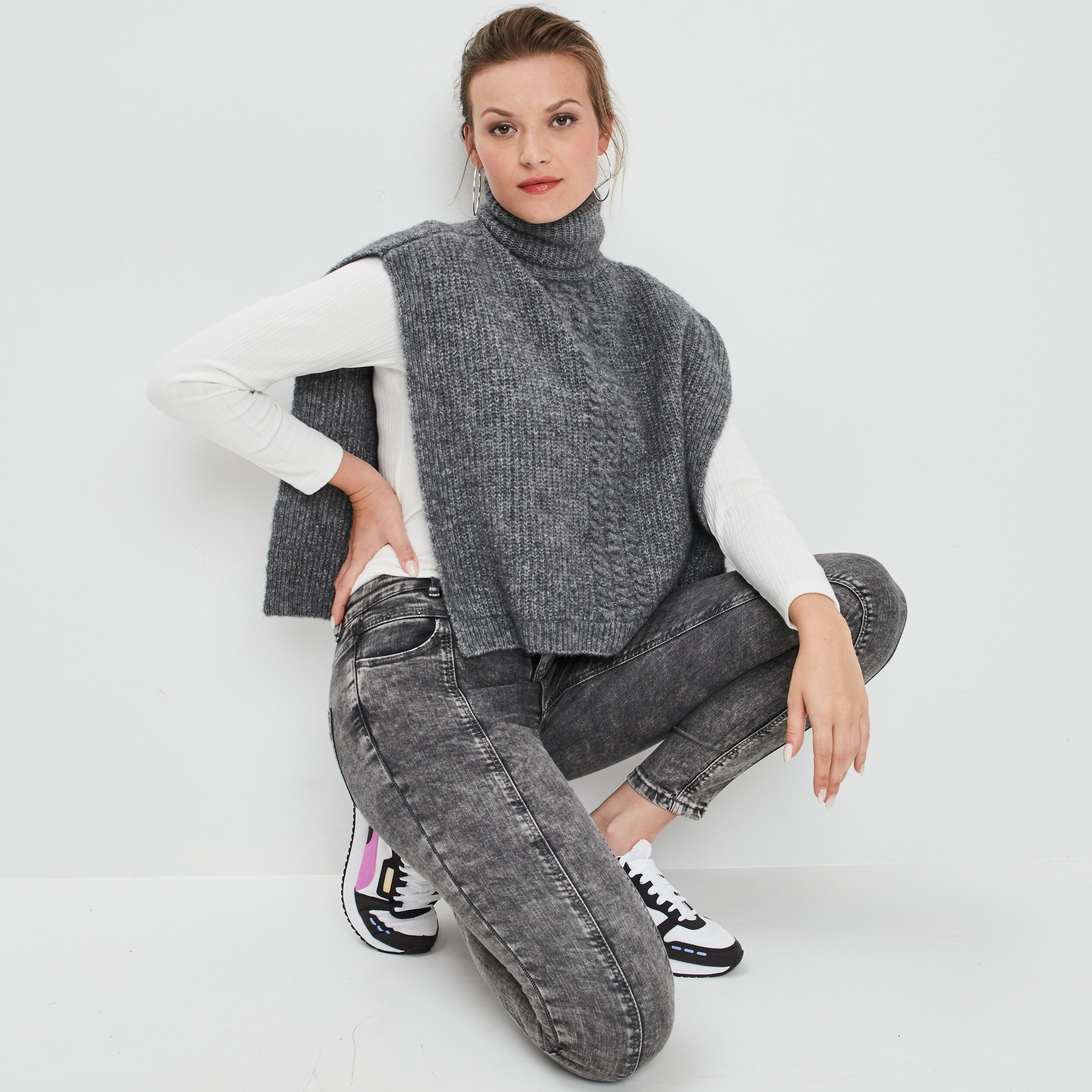 Poncho à col roulé gris femme | La Halle