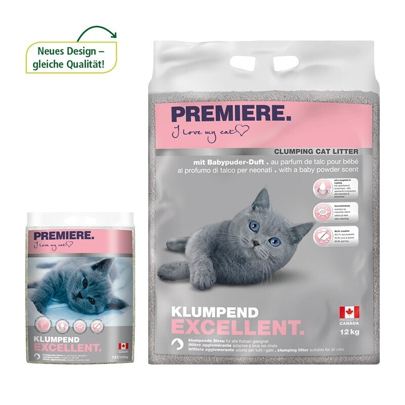 PREMIERE Katzenstreu PREMIERE Excellent Klumpstreu, Babypuder-Duft 12kg + 2,4kg gratis