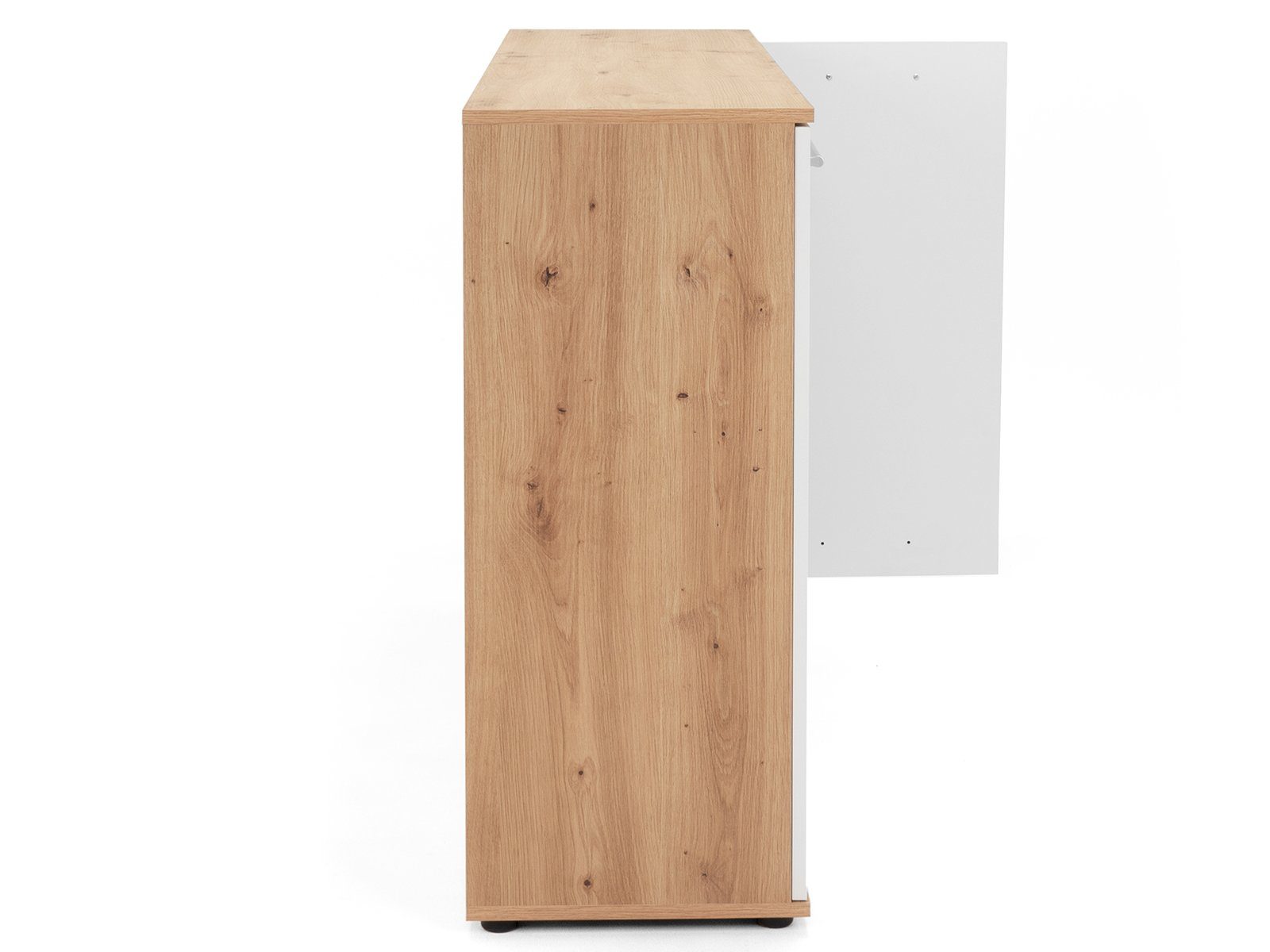 möbelando Sideboard Jacklin, Modernes Sideboard aus Spanplatte in Artisan Eiche Nachbildung /Weiß mit 4 Schubkästen und 2 Türen dahinter je 1 Boden. Breite 120 cm, Höhe 85 cm, Tiefe 35 cm