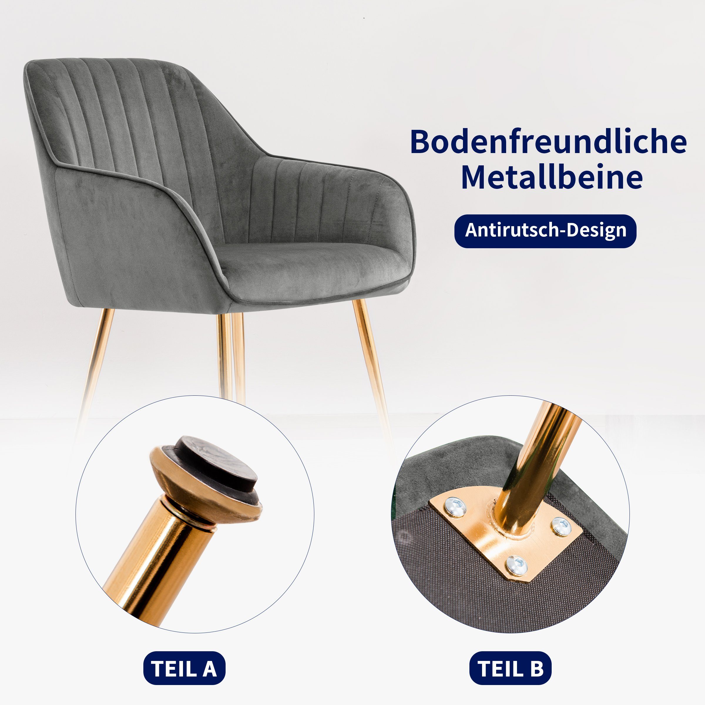 SUBRTEX Esszimmerstuhl Sessel mit Rückenlehne, 2er Set, Schwammpolster, Ständer aus Metall