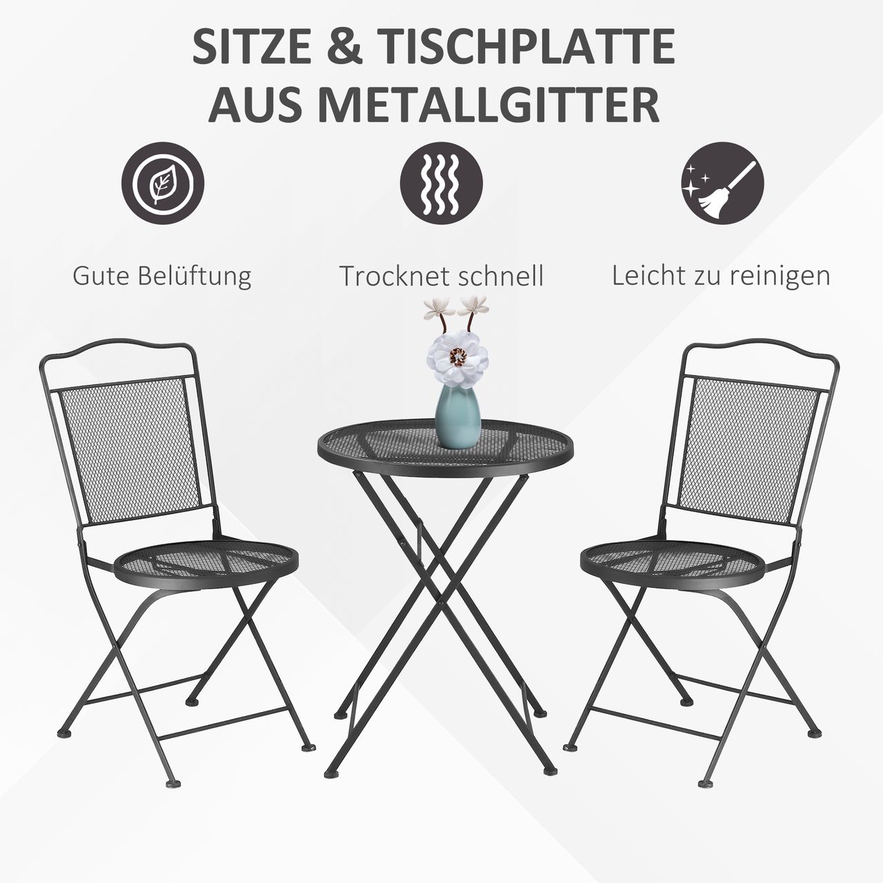 Outsunny Sitzgruppe 3-teilige Essgruppe Bistro-Set Gartenmöbel-Set Balkonmöbel Set 1 Tisch 2 Stühle mit Schirmloch Terrasse Metall Schwarz