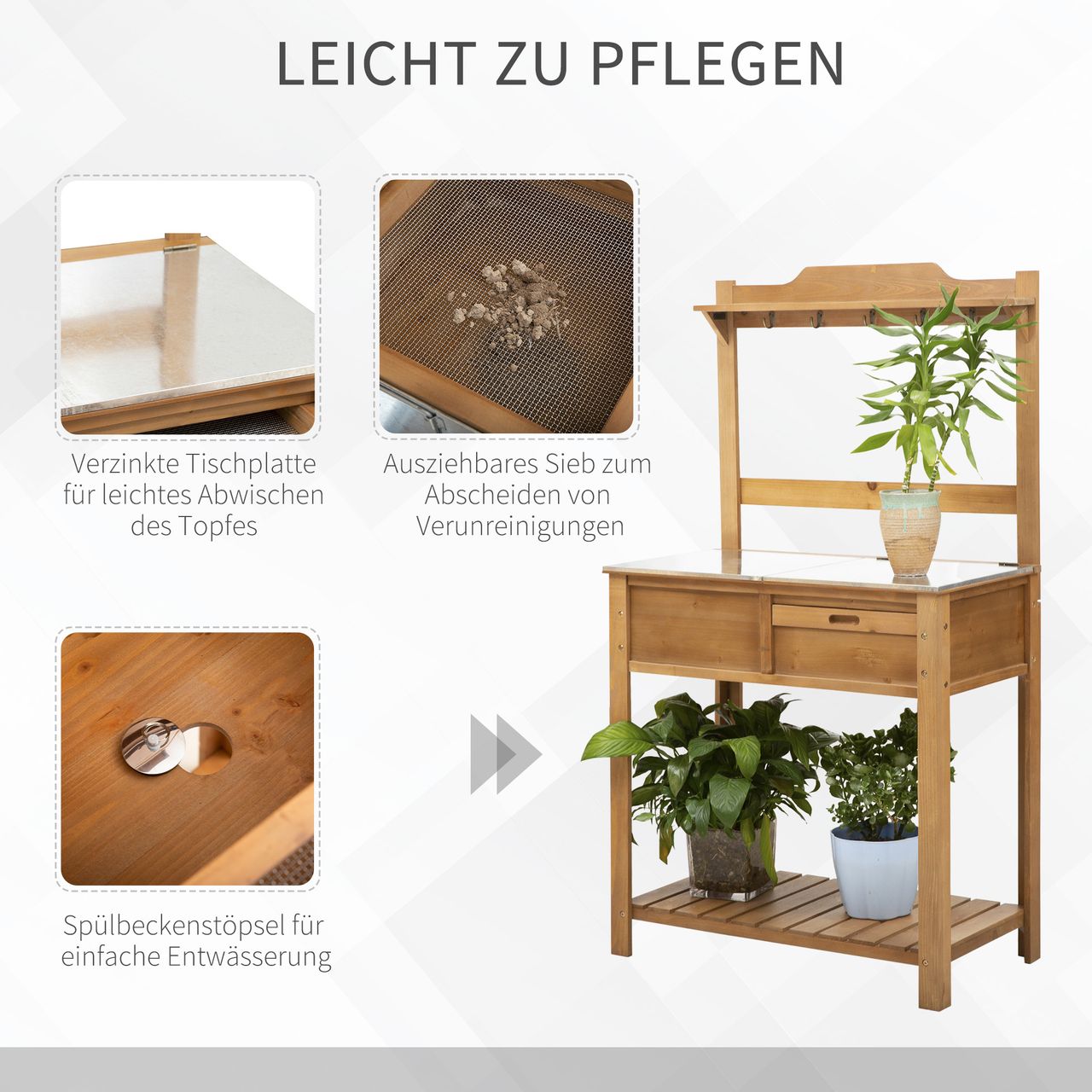 Outsunny Pflanztisch mit verzinkter Arbeitsplatte Blumenständer aus Tannenholz Metall Natur