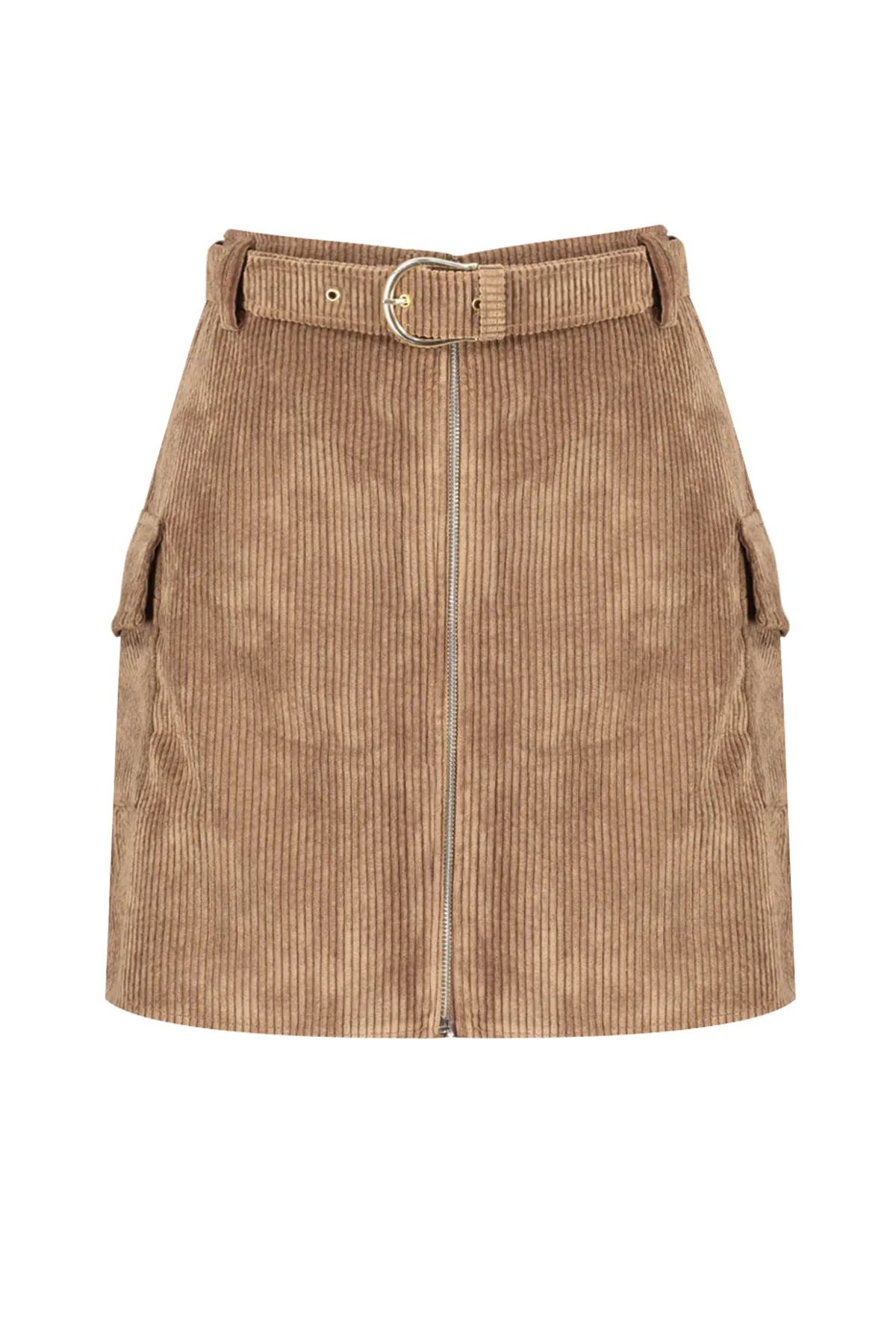 Trendyol Collection  Brauner, gewebter Minirock aus Samtstoff mit Reißverschlusstasche und Gürtel und detailliertem Detail TWOAW24ET00241