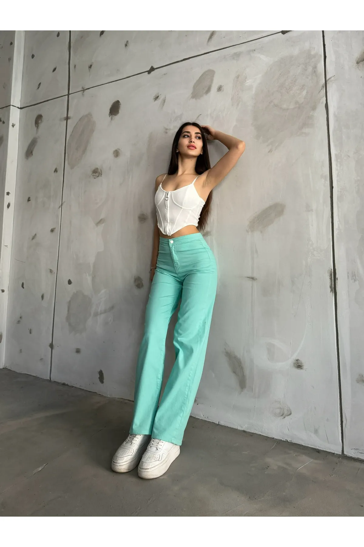 BİKELİFE  Mintgrüne Lycra-Palazzo-Hose mit hoher Taille für Damen