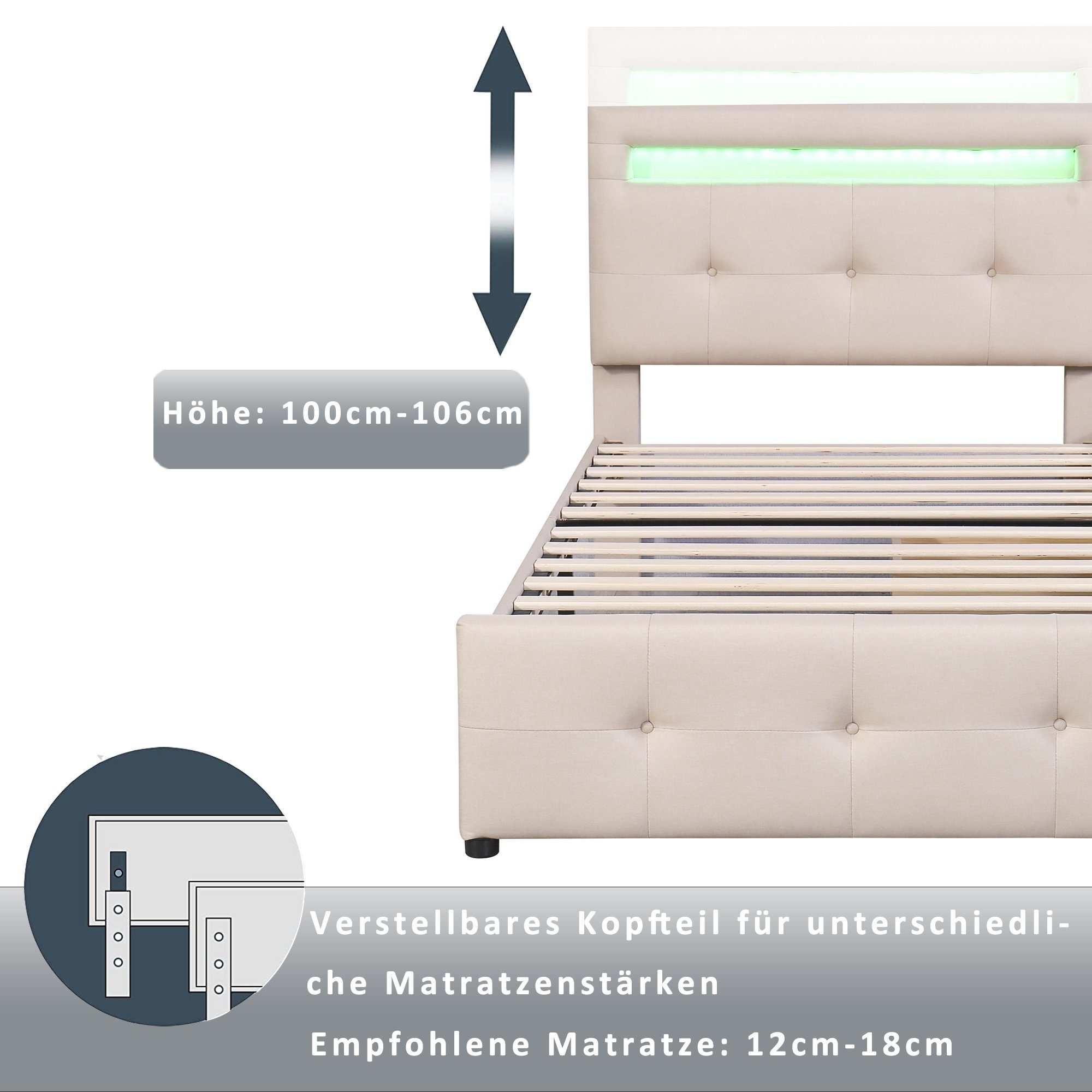 Flieks Polsterbett, LED Beleuchtung Einzelbett 2 Schubladen Leinen 90*200cm